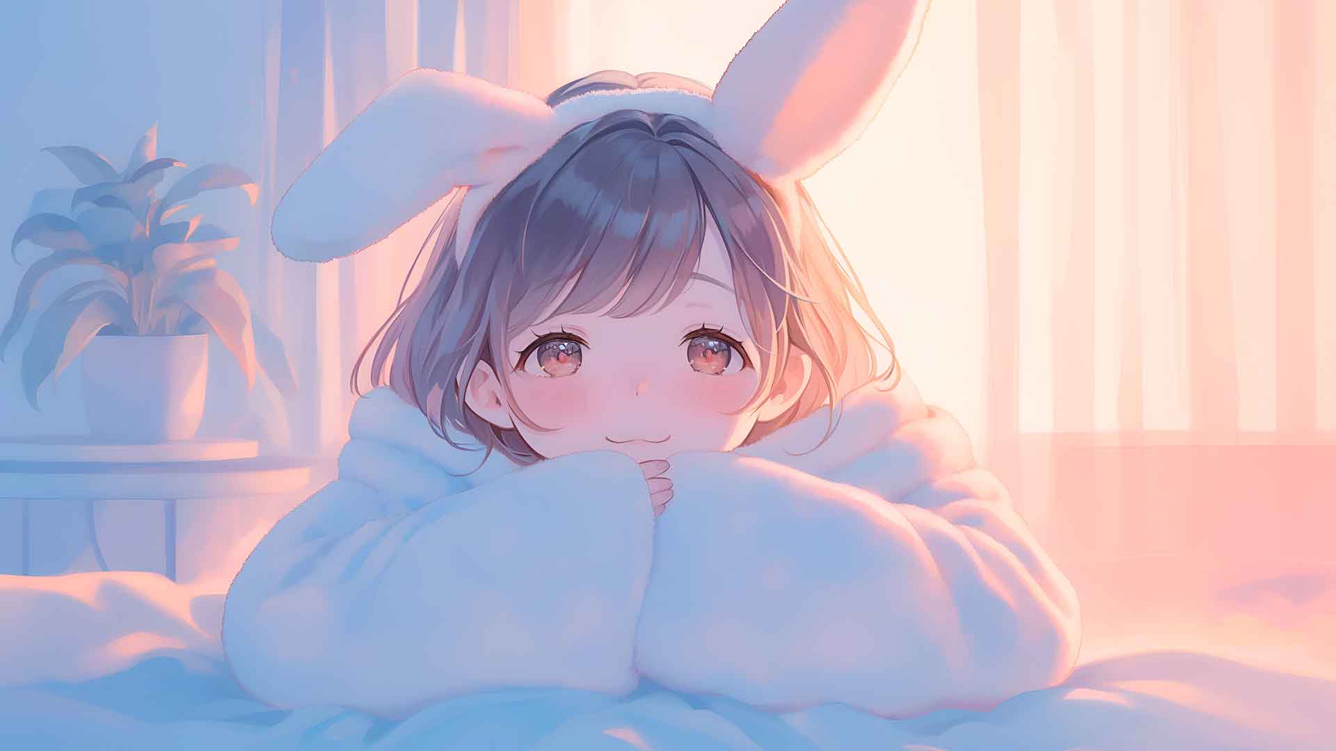 可爱的动漫女孩兔耳朵桌面壁纸