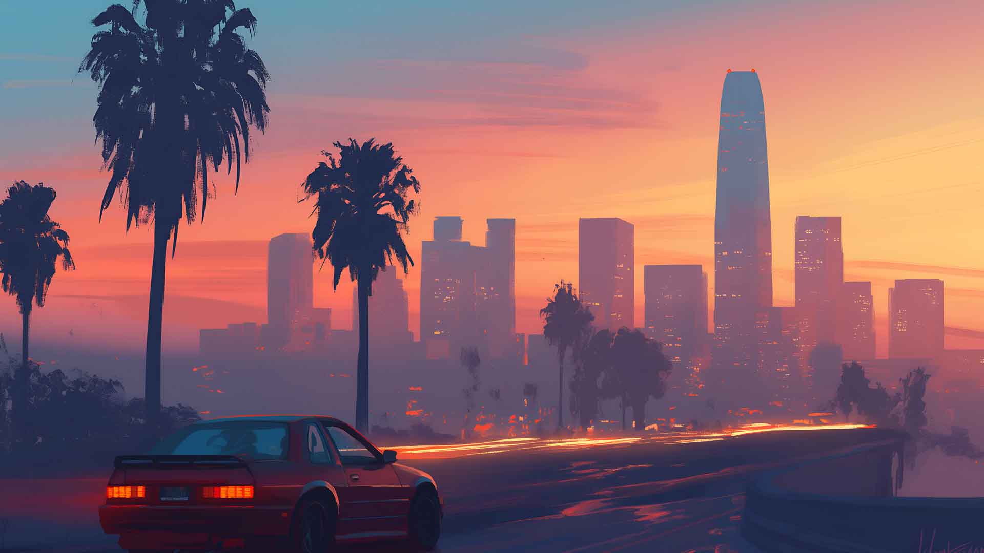 GTA 城市灯光棕榈树日落大道桌面壁纸