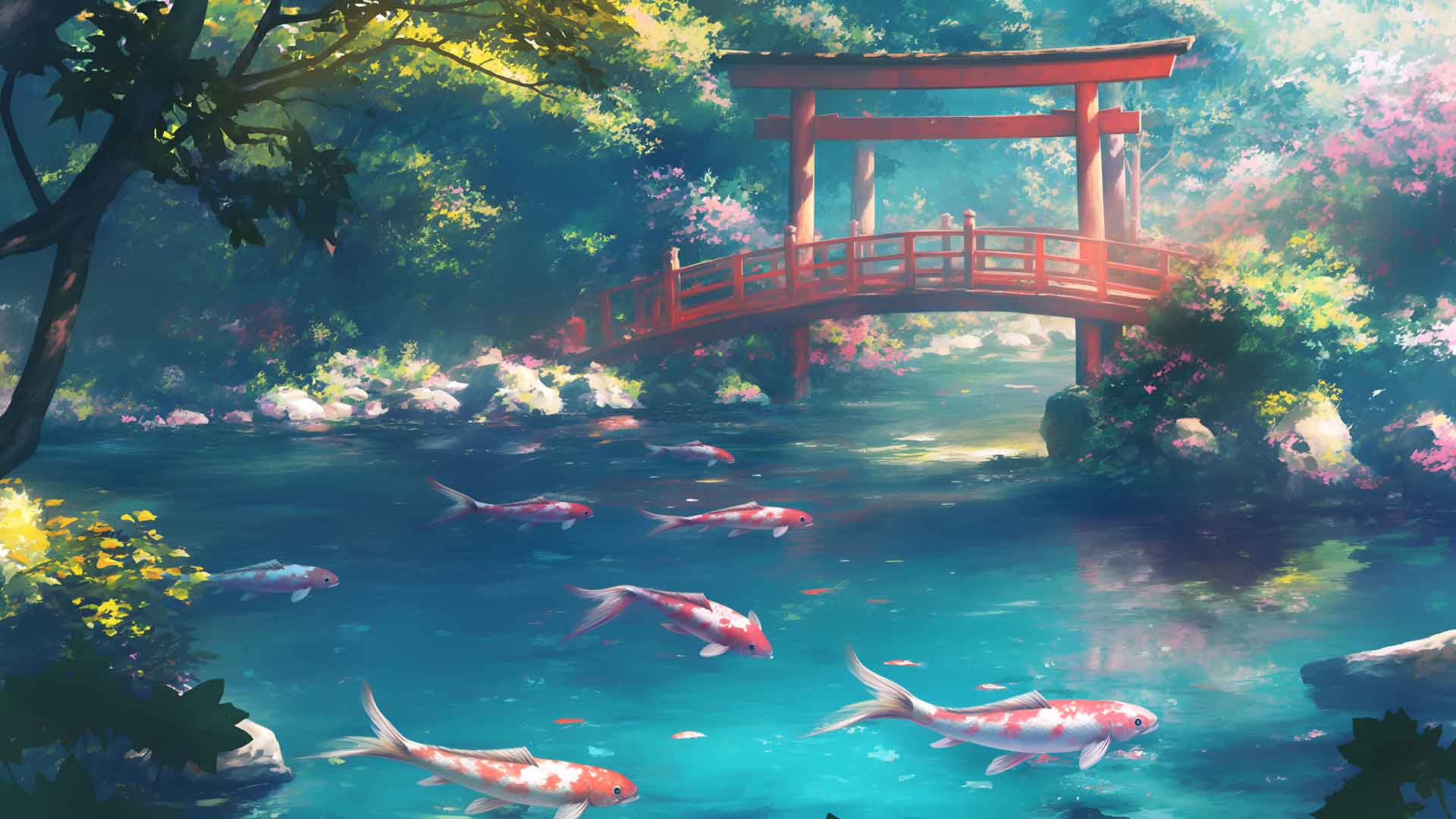 锦鲤池鸟居门桌面壁纸