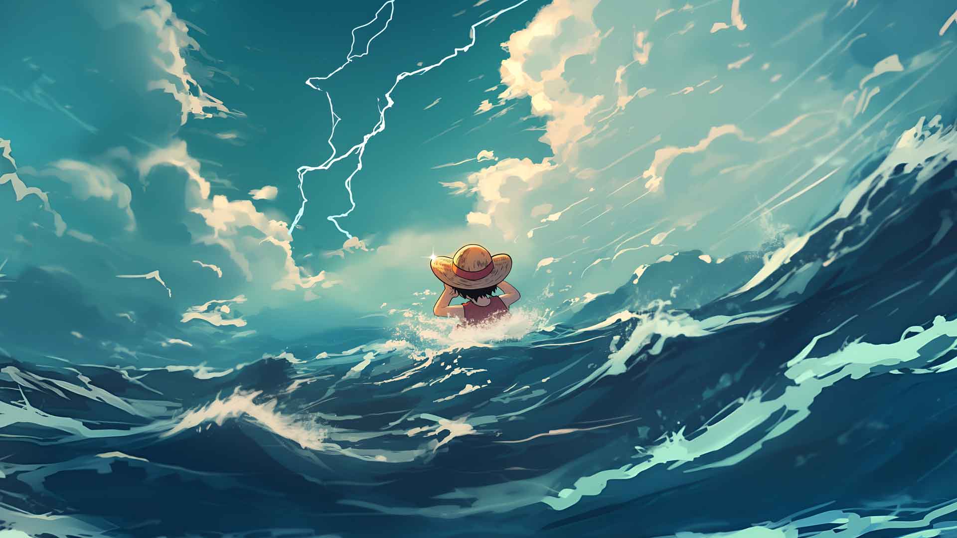 路飞草帽波涛汹涌的大海桌面壁纸