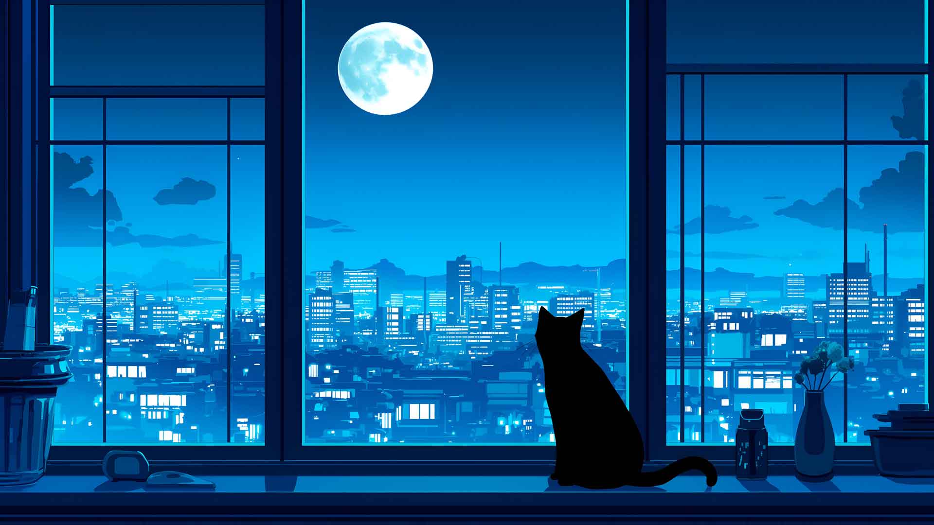 黑猫月光城市景观窗户桌面壁纸