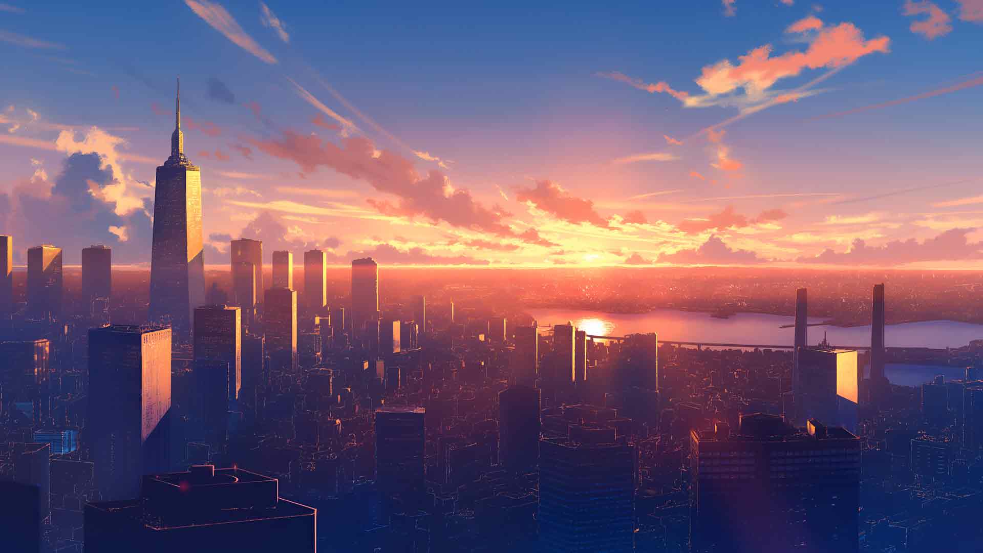 动漫城市地平线日落桌面壁纸