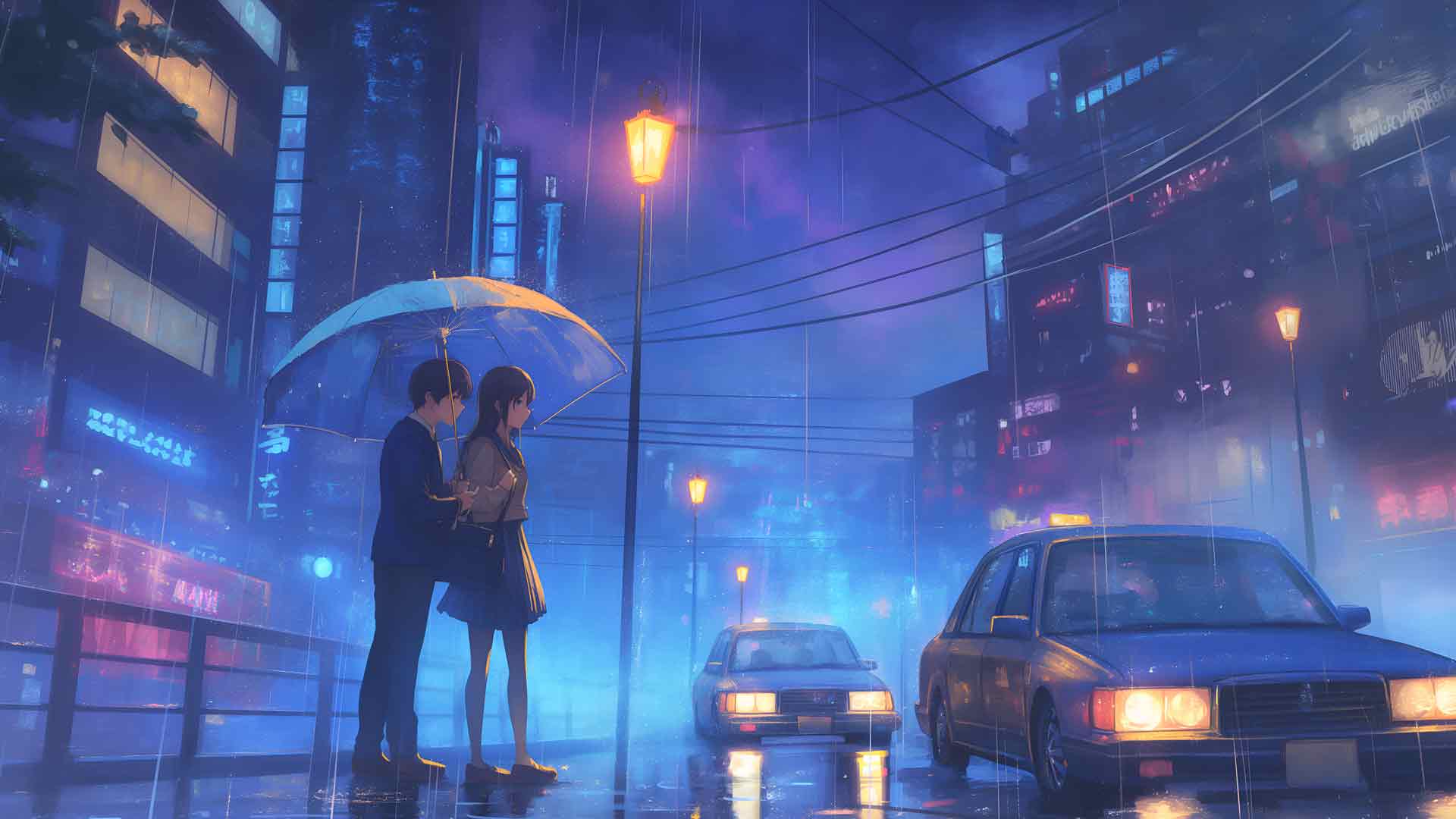 动漫雨街情侣城市灯光桌面壁纸