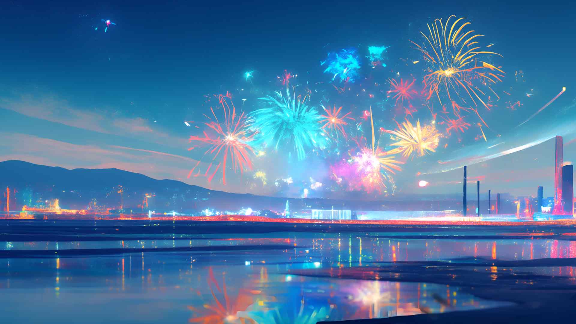 城市天际线烟花表演桌面壁纸