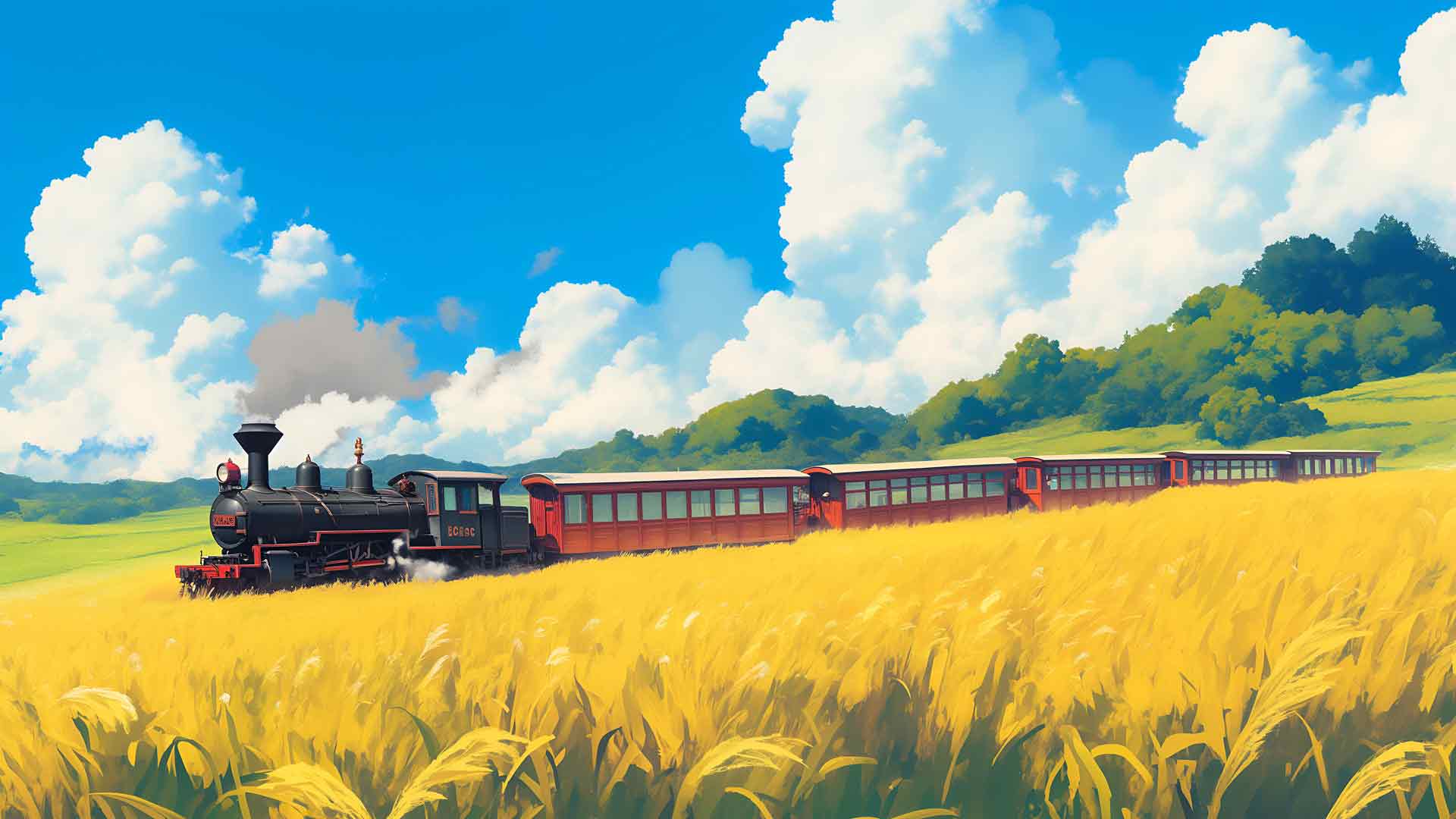 吉卜力风格蒸汽火车夏日田野壁纸