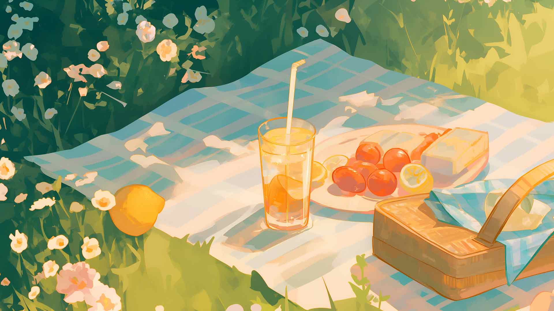 冰柠檬水夏日野餐柔和风格桌面壁纸