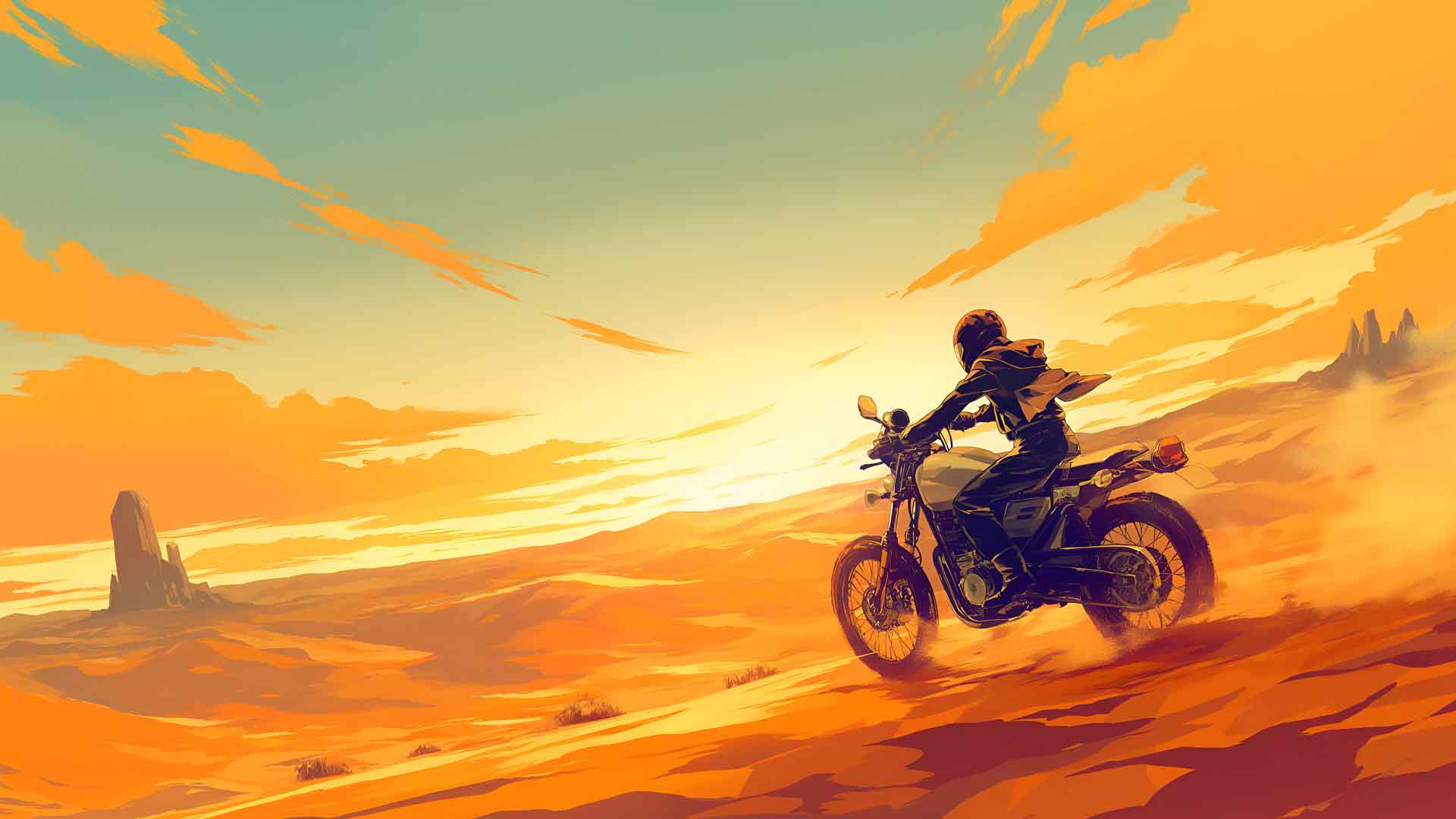 摩托车日落沙漠之旅桌面壁纸