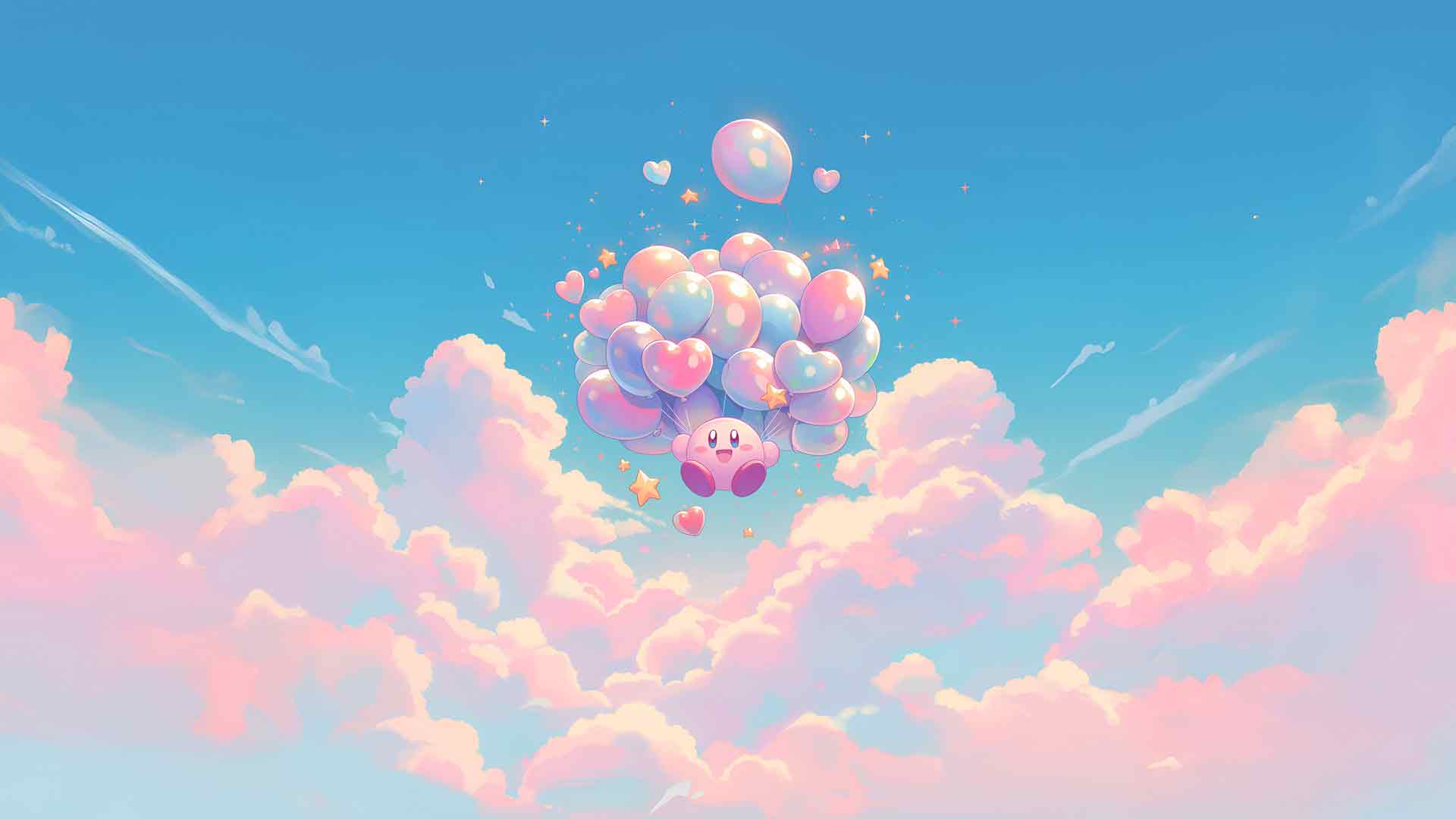 星之卡比漂浮着心形气球桌面壁纸