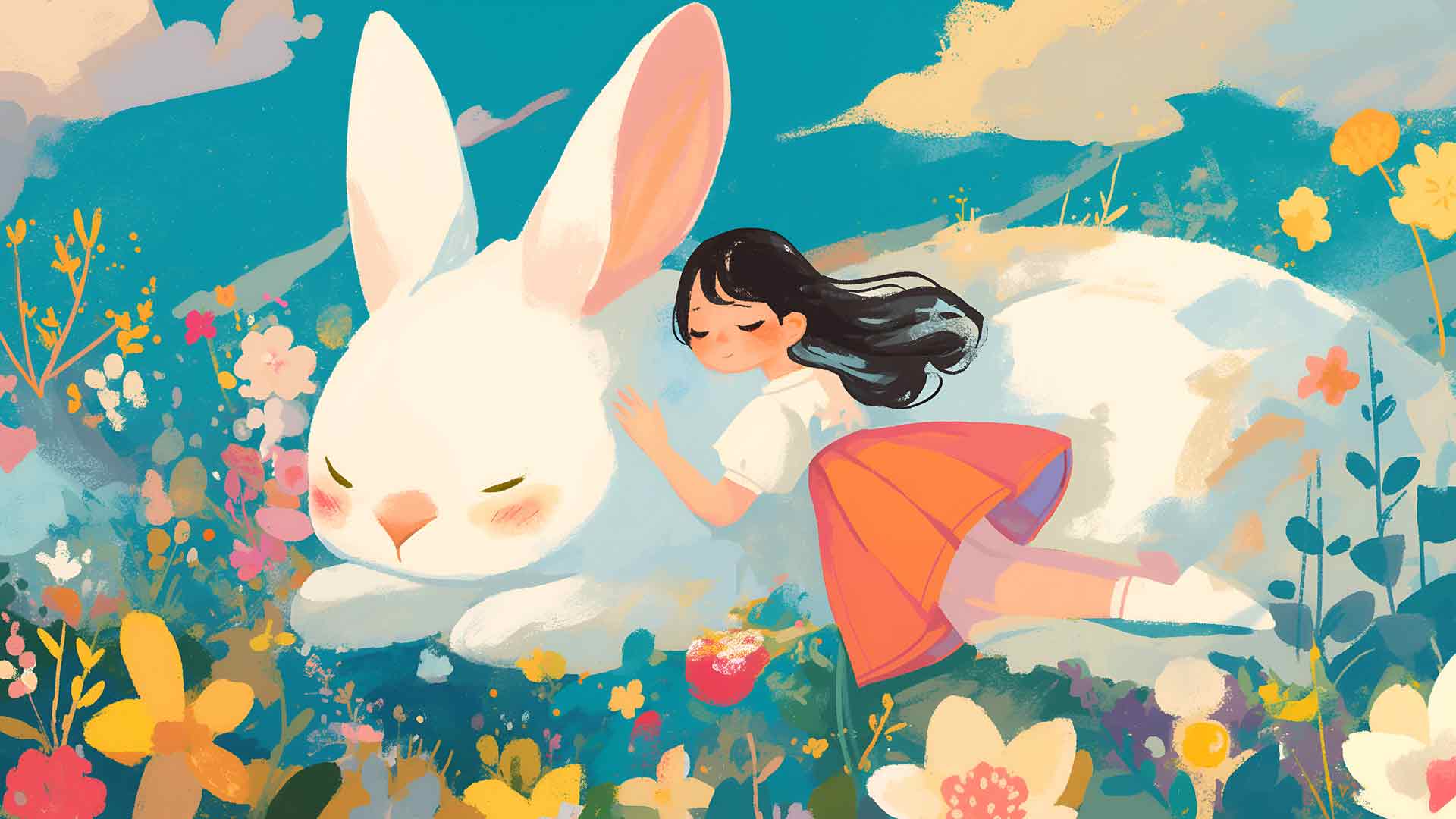 梦幻兔子与女孩桌面壁纸