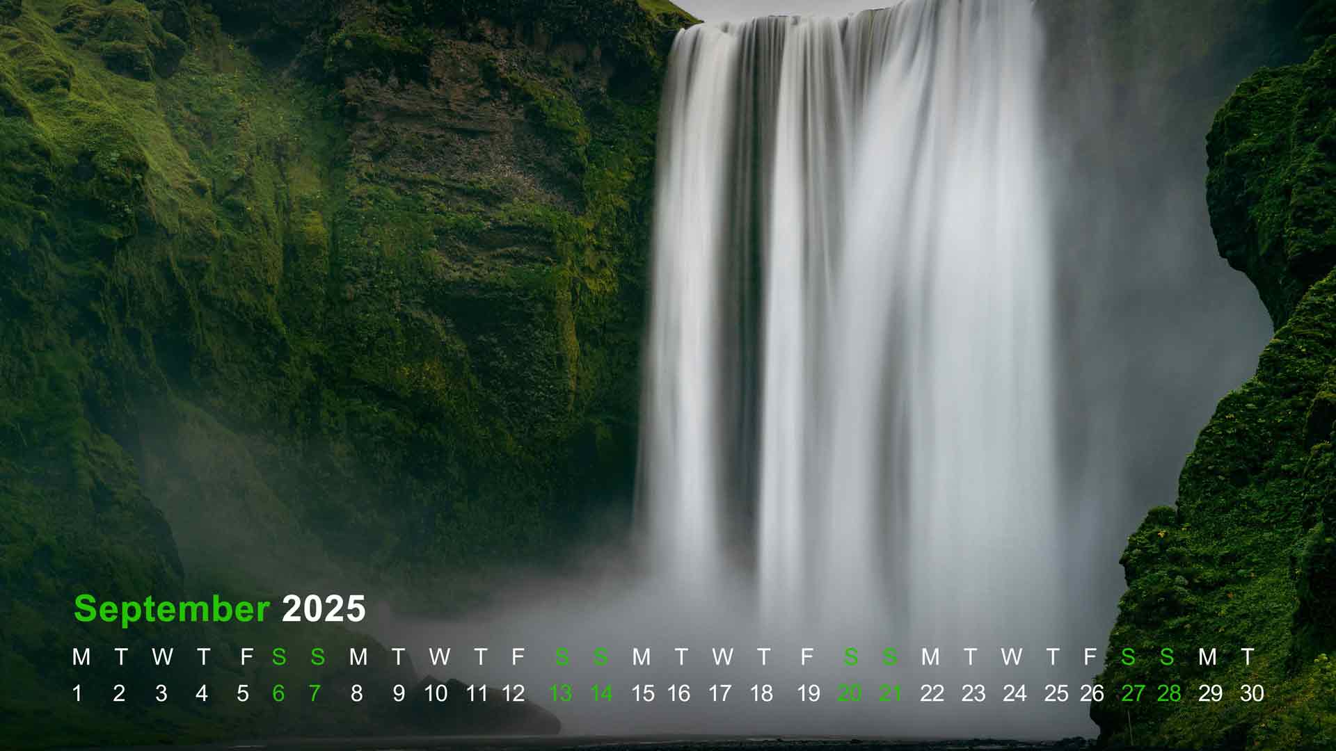 斯科加瀑布冰岛 2025 年 9 月日历
