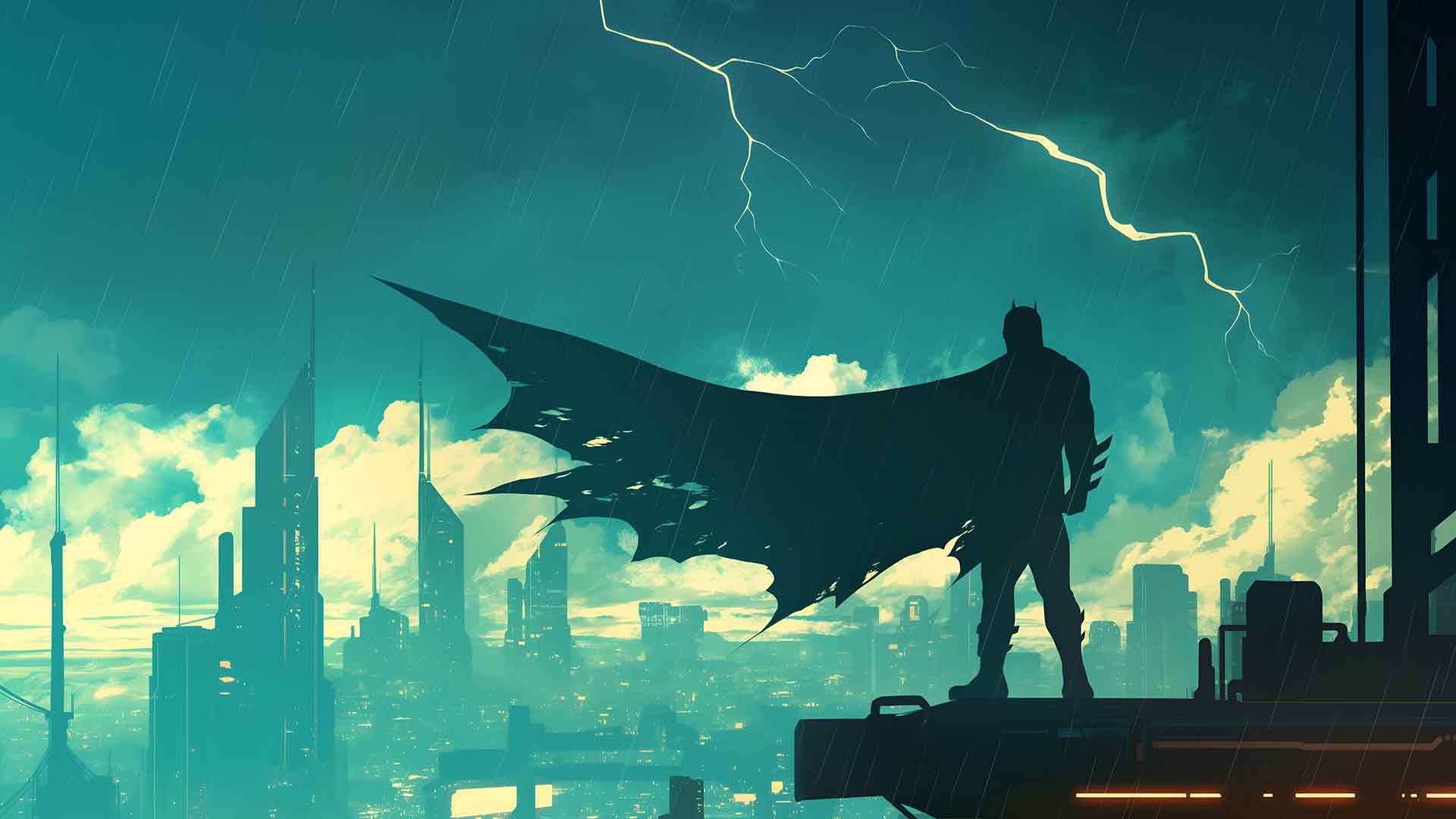 蝙蝠侠哥谭市雨天屋顶桌面壁纸