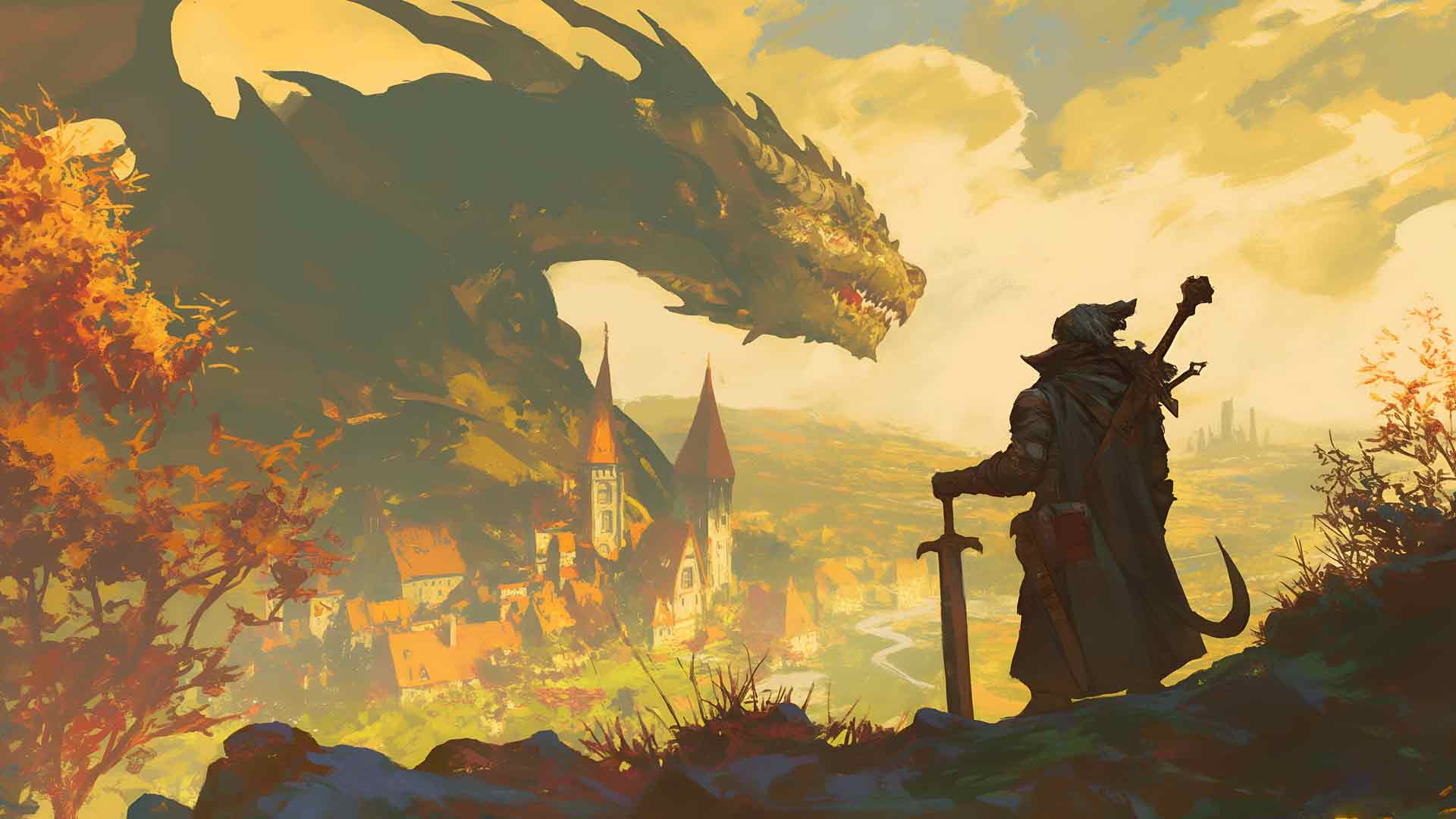 龙与战士幻想场景桌面壁纸