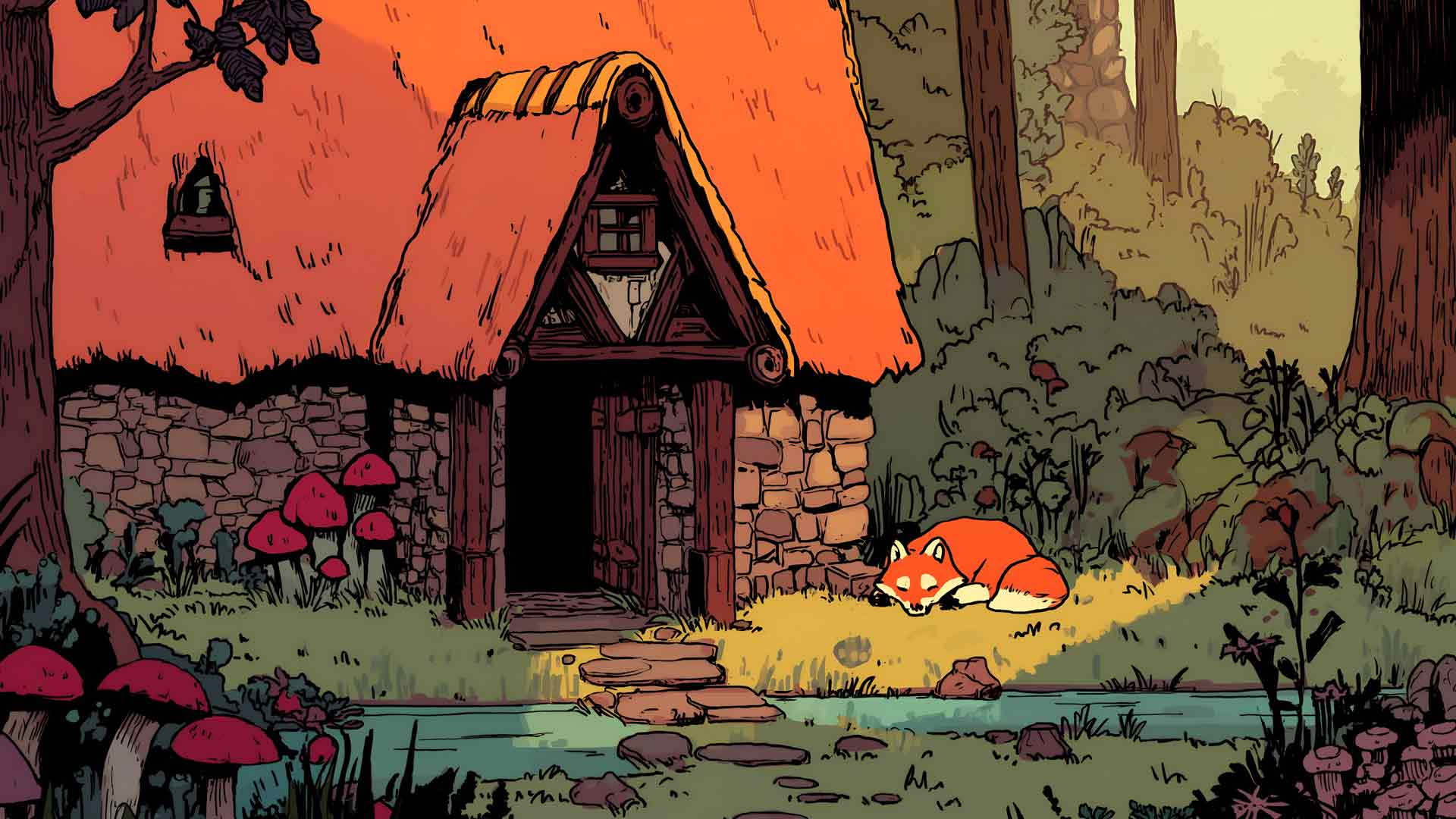 森林小屋睡觉的狐狸蘑菇桌面壁纸