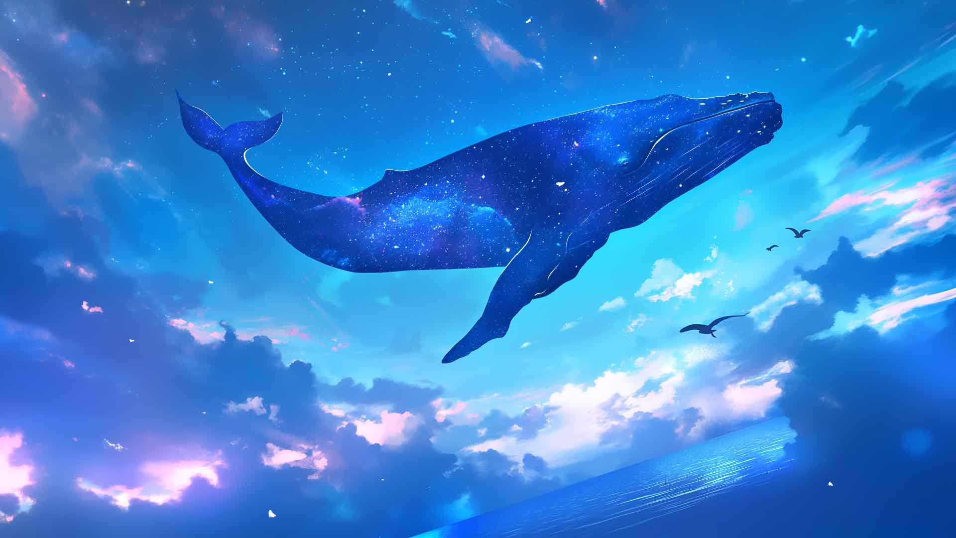 鲸鱼在梦幻般的天空中翱翔桌面壁纸