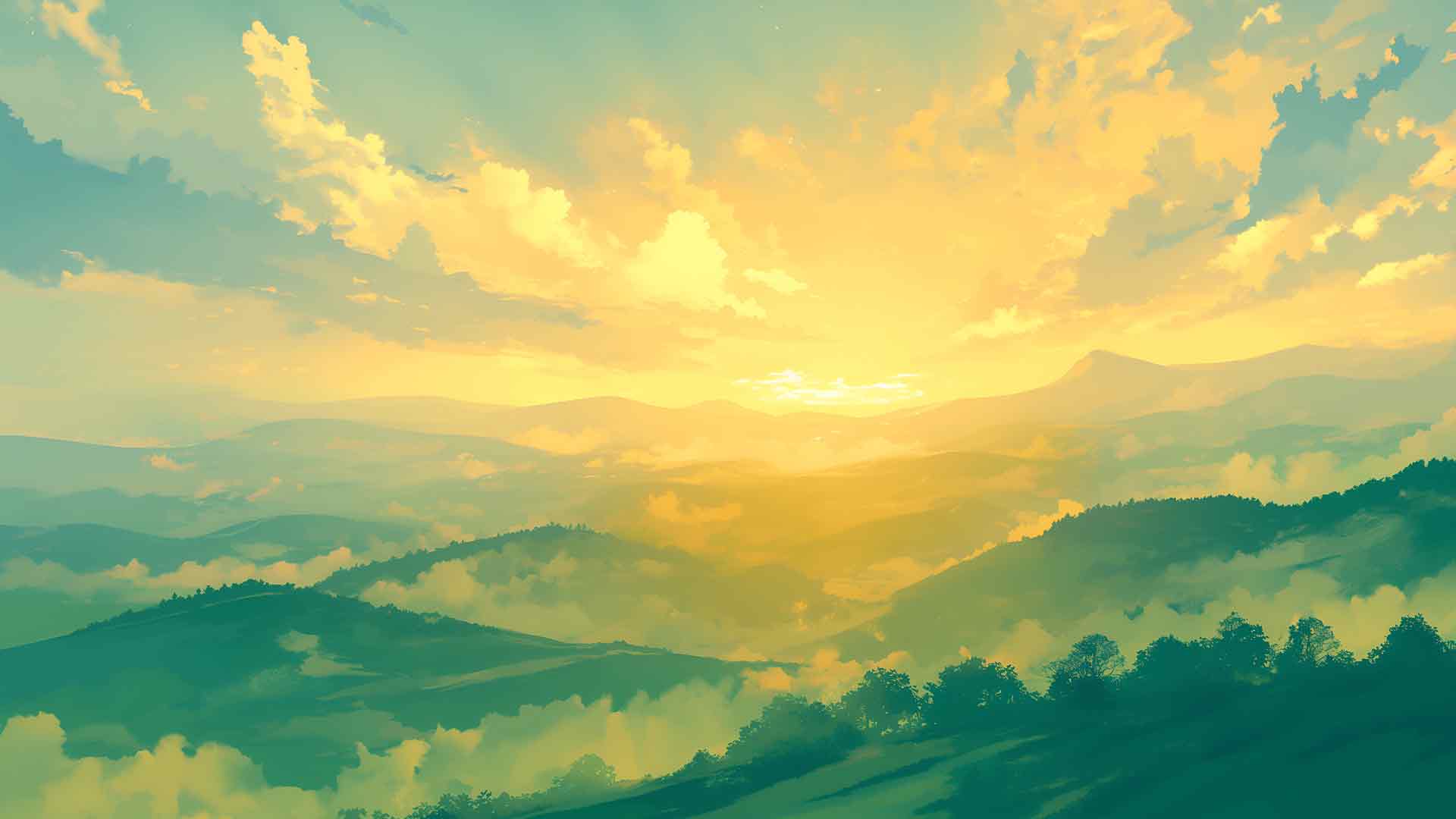 春天日出山脉绿色山丘桌面壁纸