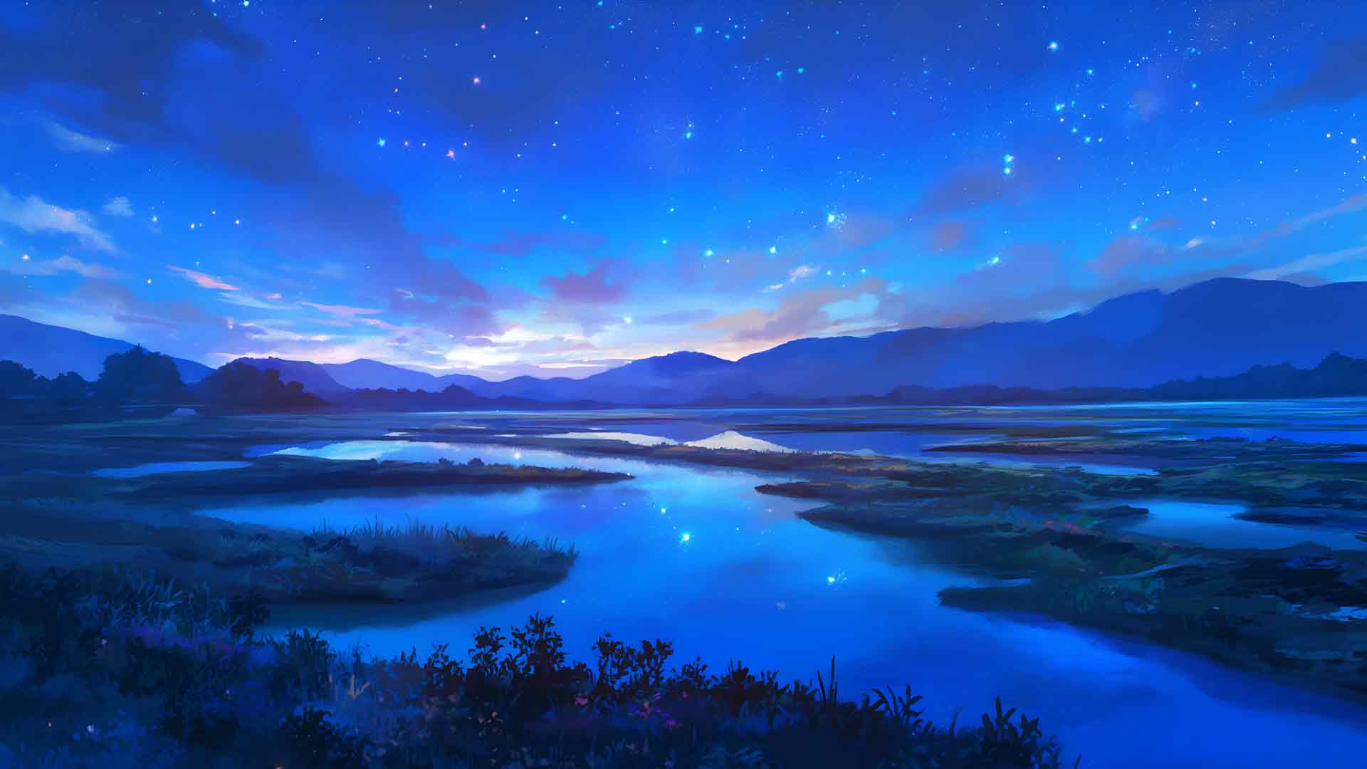 星夜乡村宁静的河流桌面壁纸