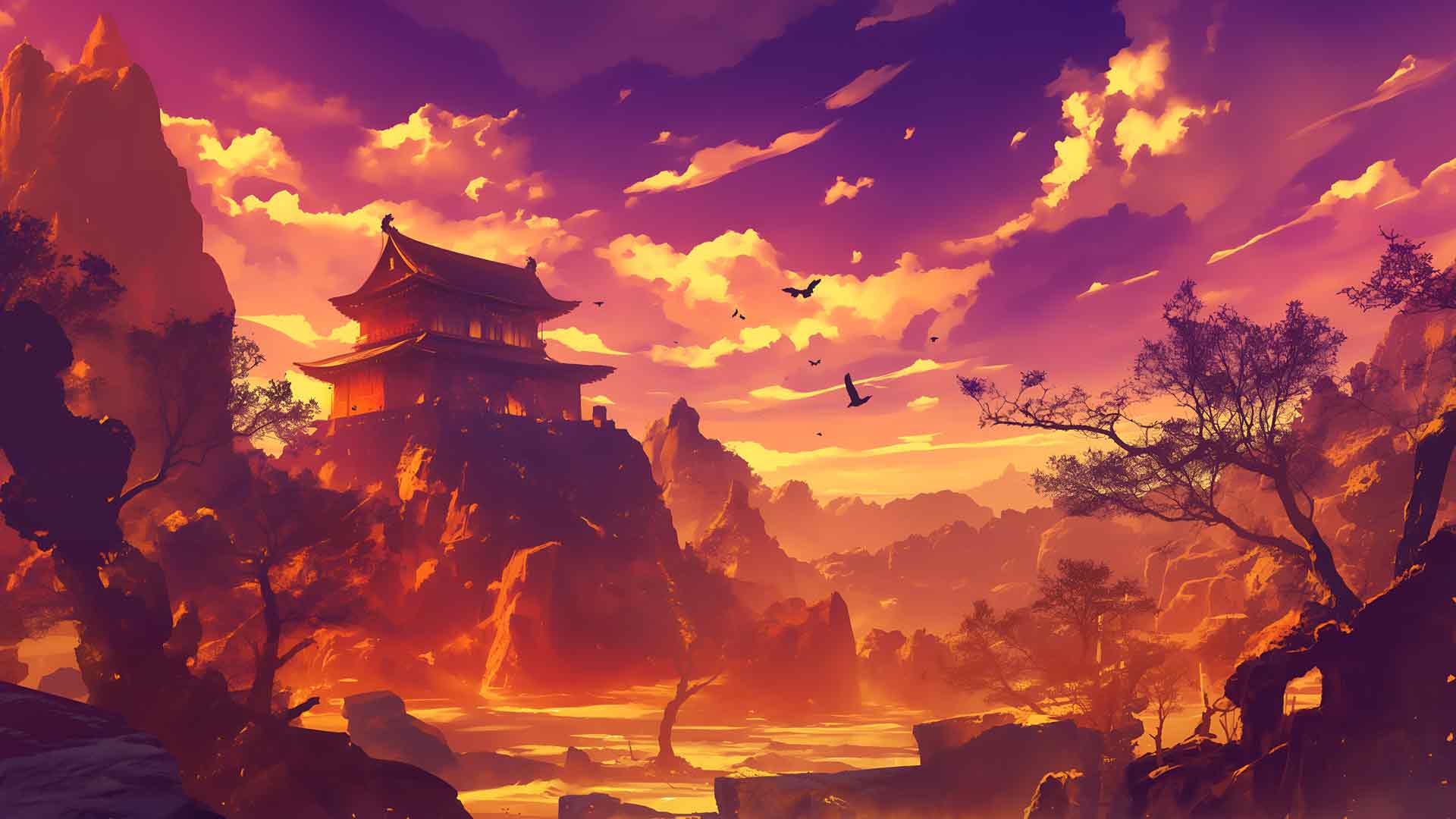 日落寺庙艺术背景桌面壁纸