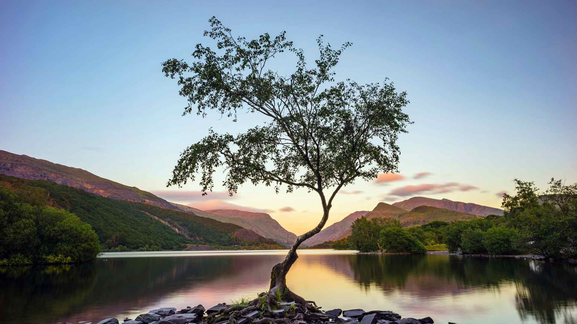 国家森林公园湖泊黄昏山脉孤独