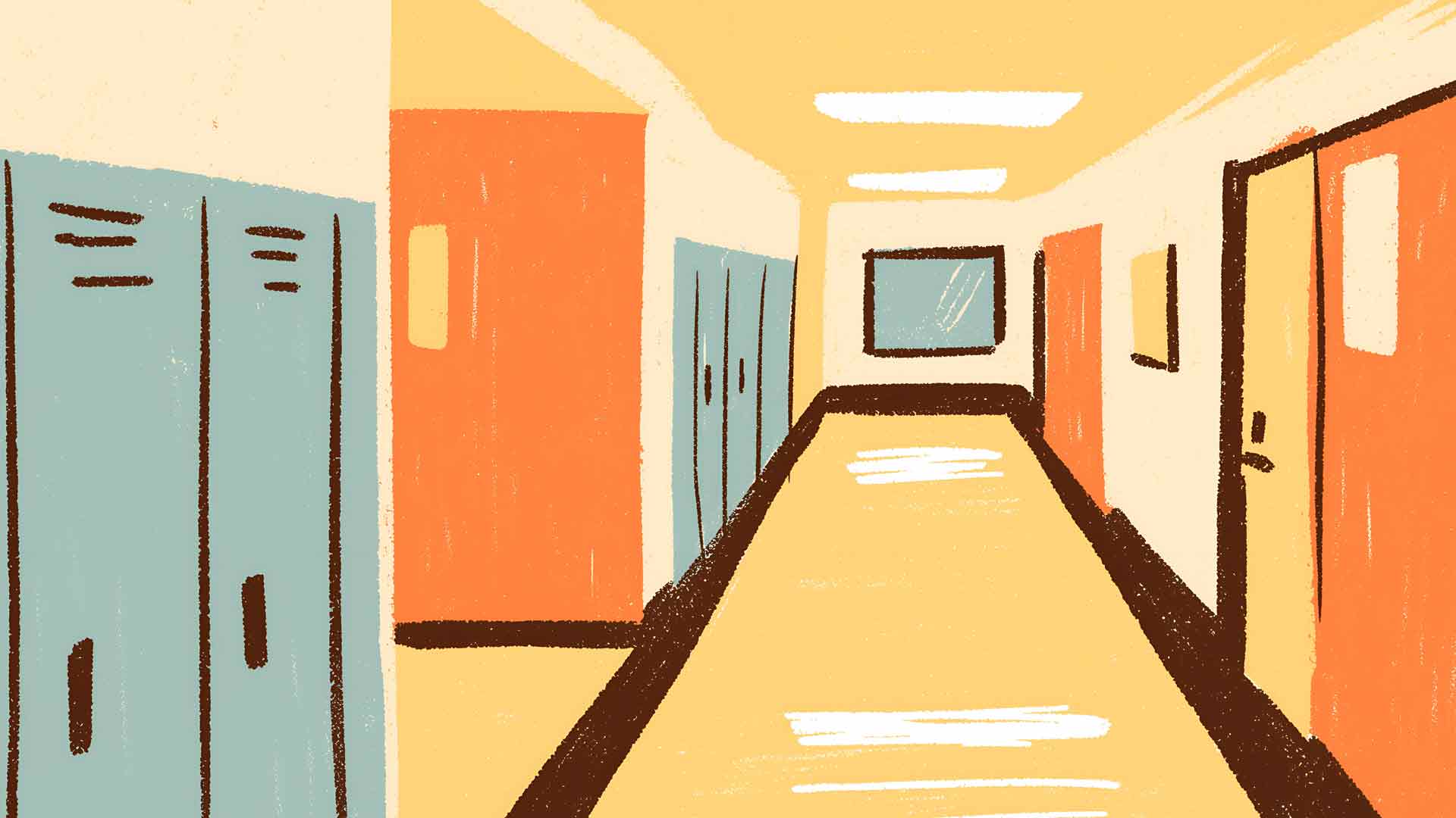 温暖灯光下的舒适学校走廊桌面壁纸