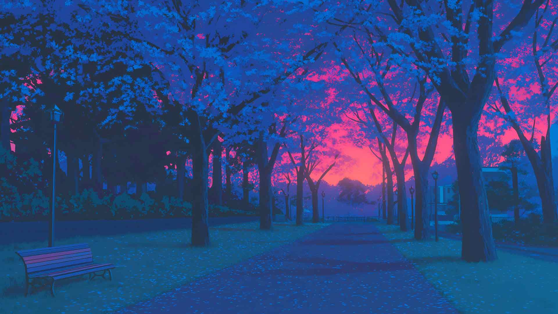 动漫樱花公园日落桌面壁纸