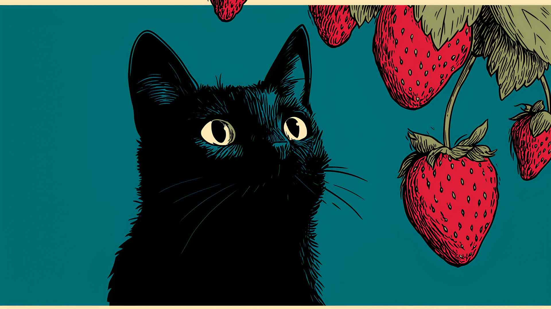 黑猫看着草莓桌面壁纸