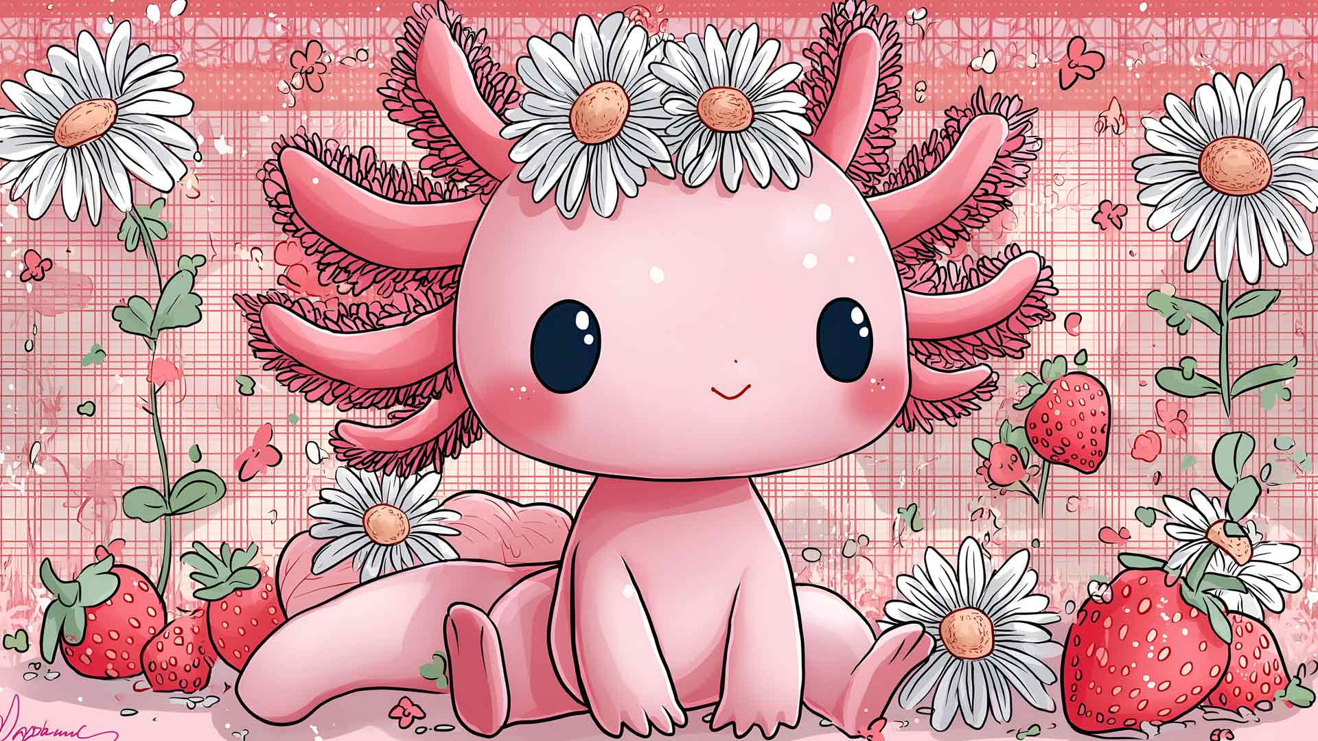 可爱的粉红色美西螈与雏菊花桌面壁纸