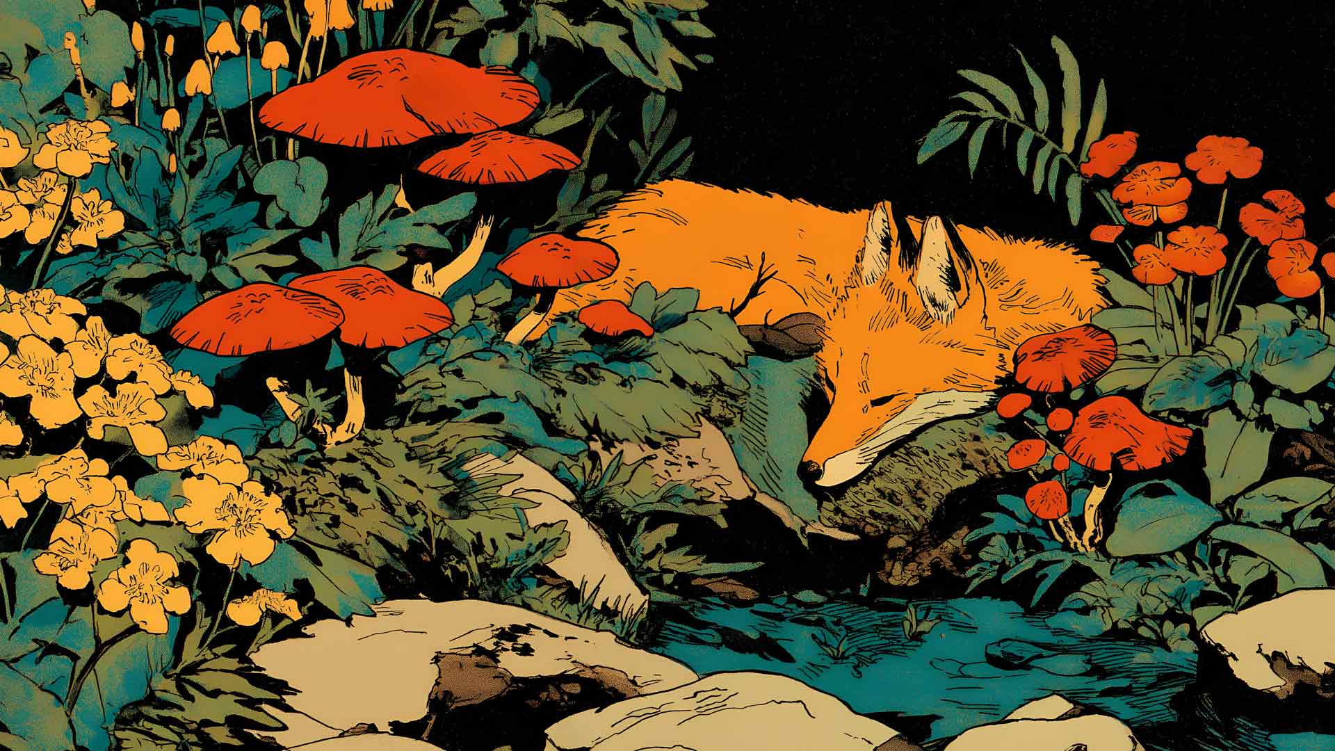 森林空地与蘑菇和狐狸桌面壁纸