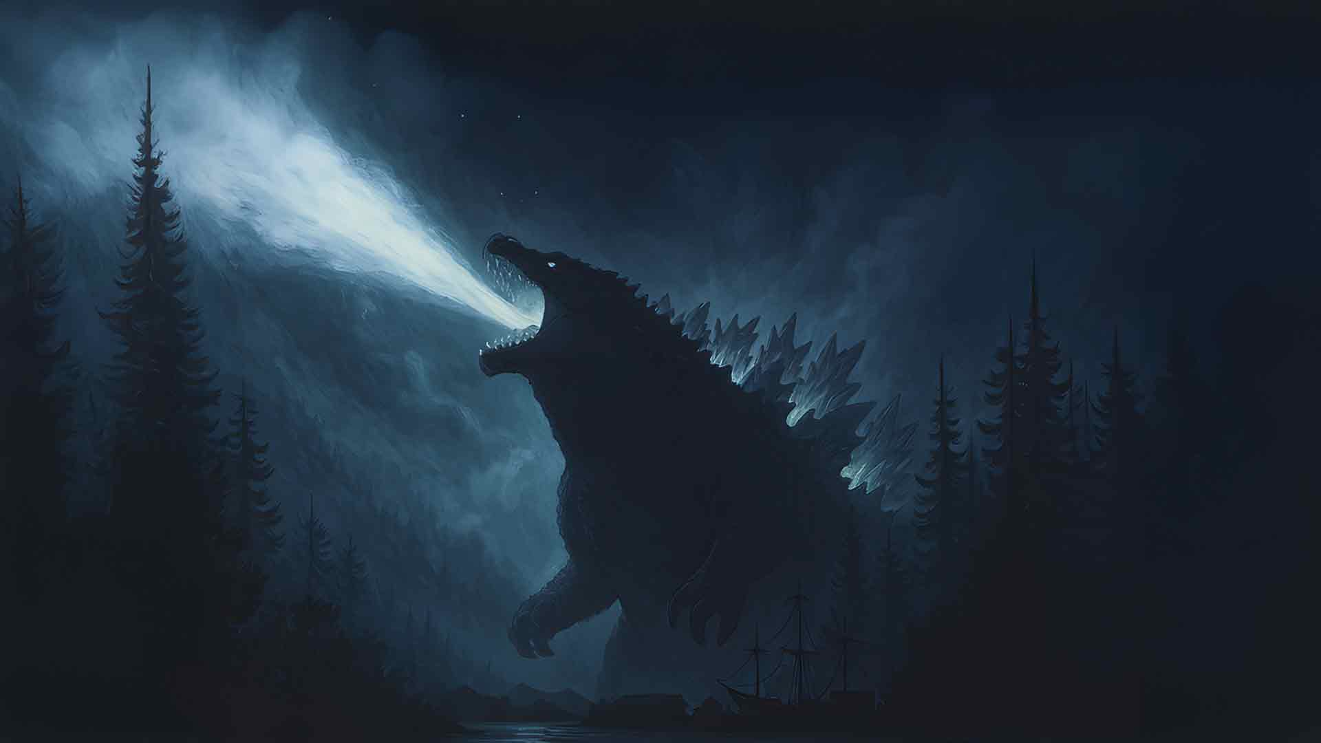 哥斯拉火焰吐息黑暗森林场景壁纸