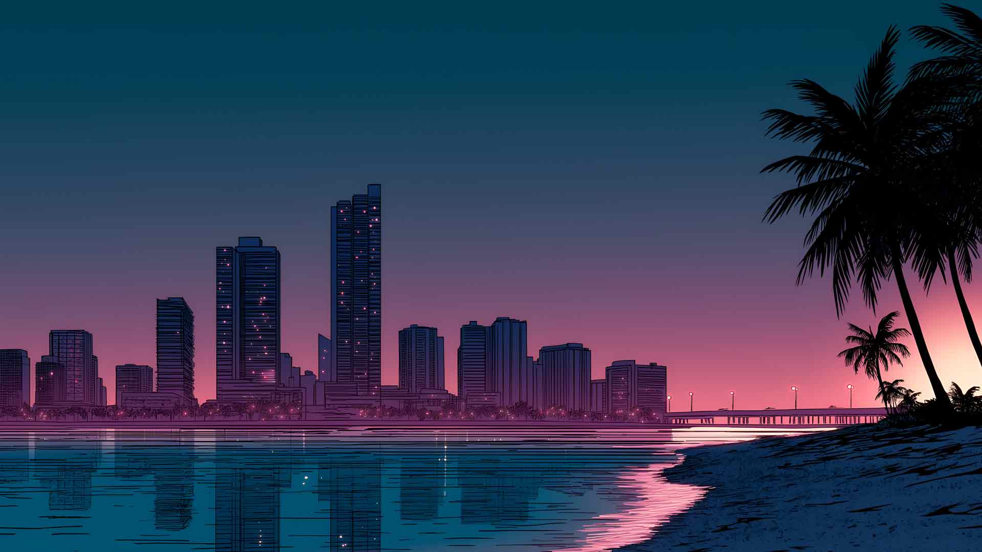 侠盗猎车手复古城市天际线棕榈树桌面壁纸