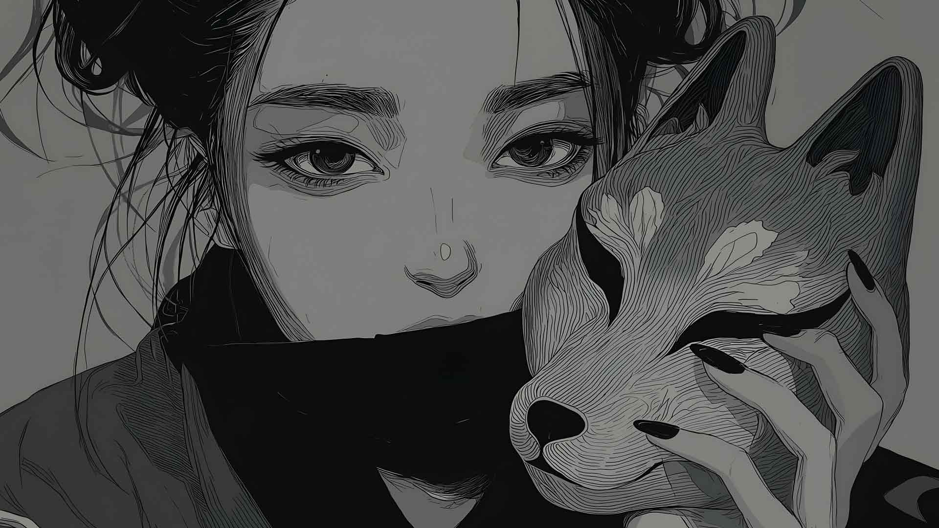 戴着狐狸面具的日本女孩桌面壁纸