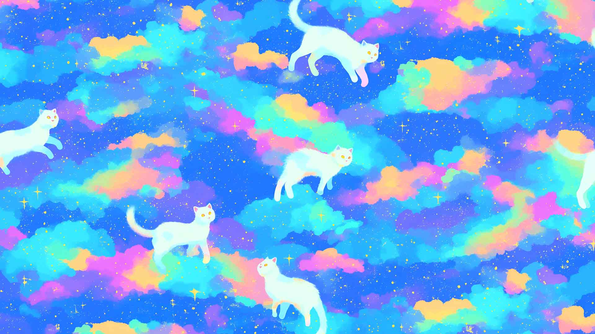 可爱漂浮猫在柔和的星系桌面壁纸