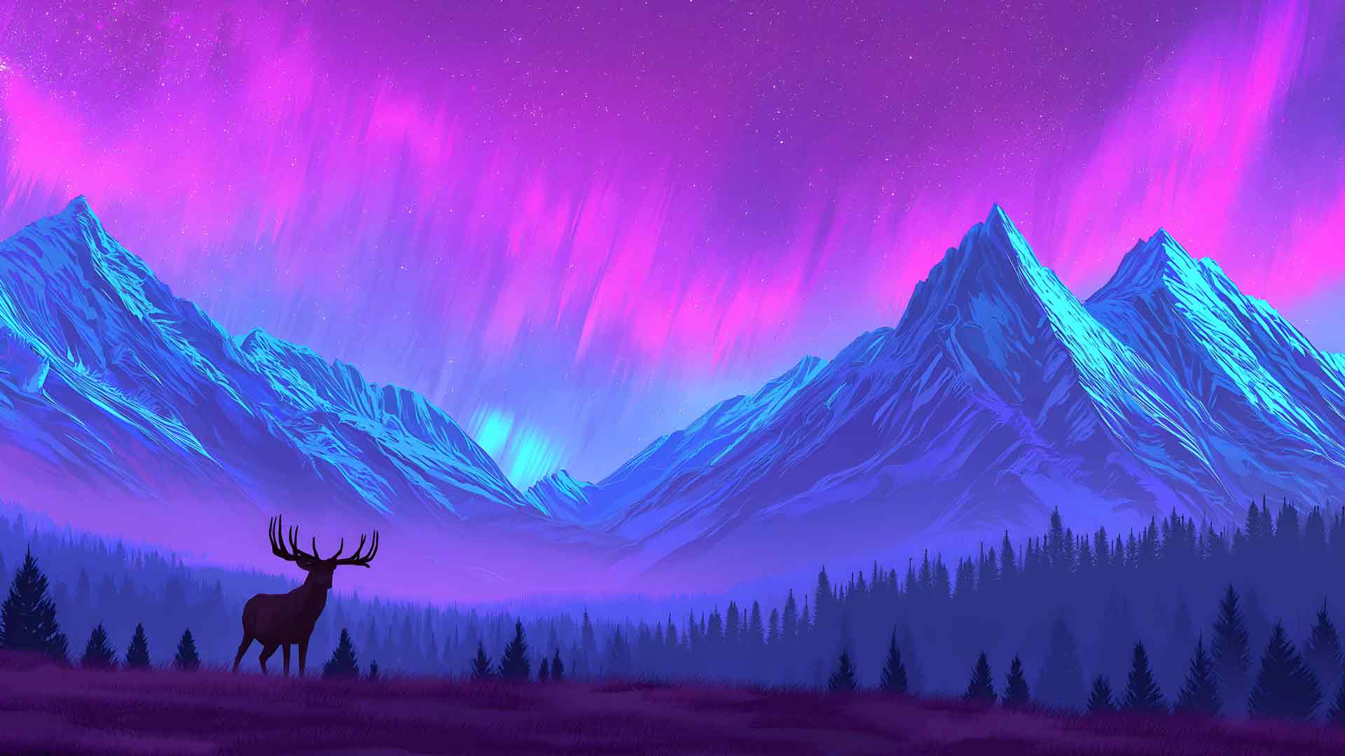 北极光紫色极光山脉鹿桌面壁纸