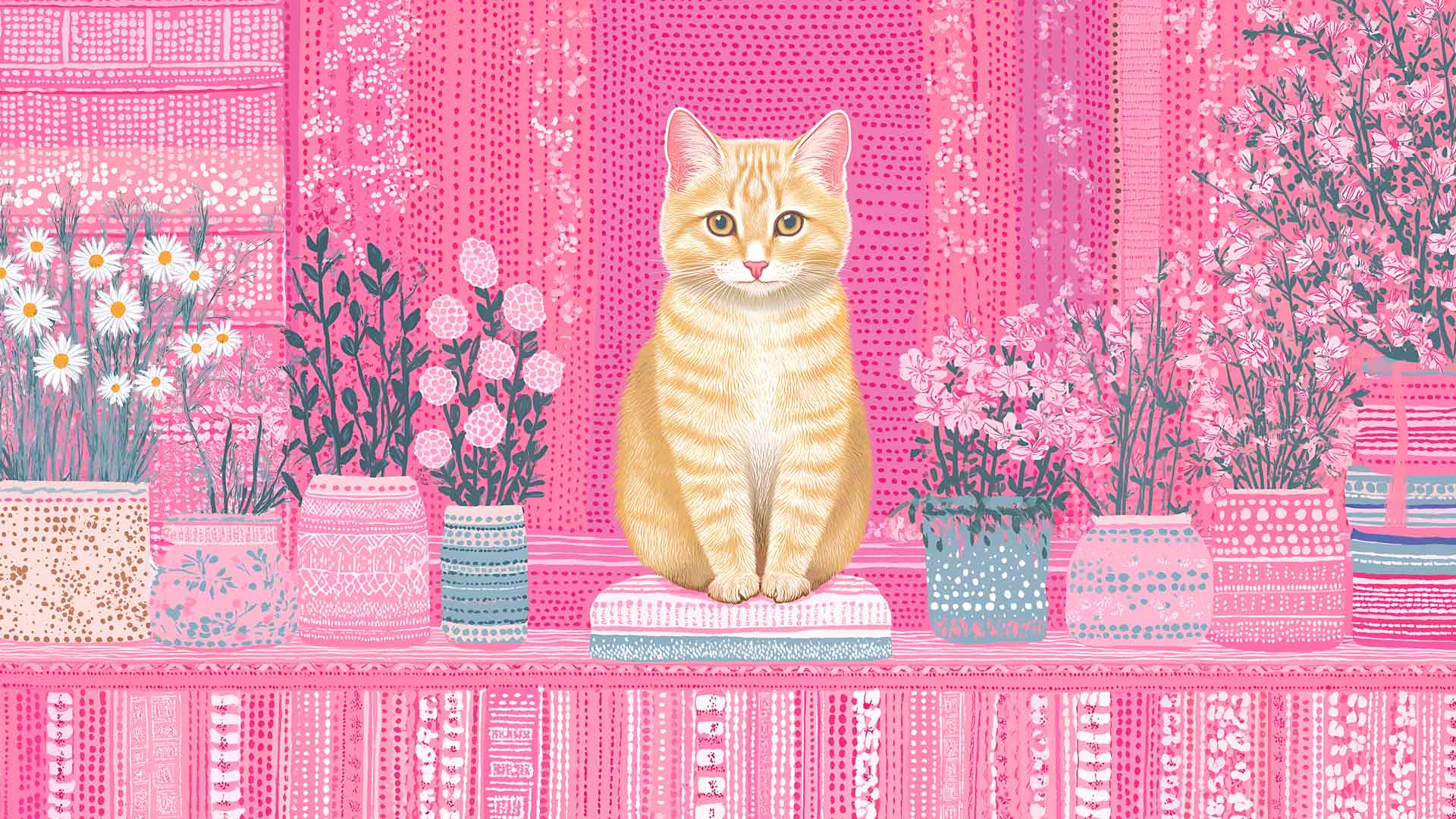 橙色虎斑猫粉色花卉民俗艺术桌面壁纸