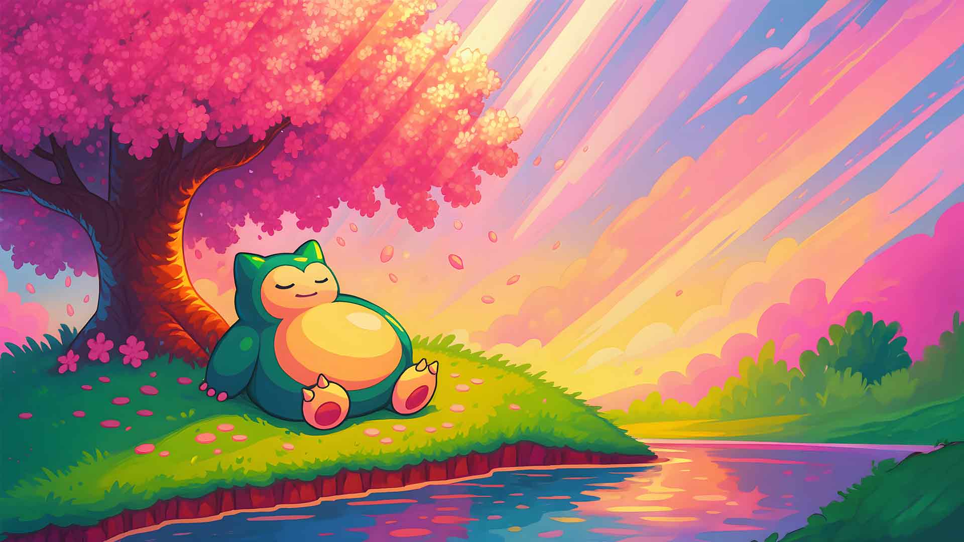 樱花夕阳下的卡比兽桌面壁纸