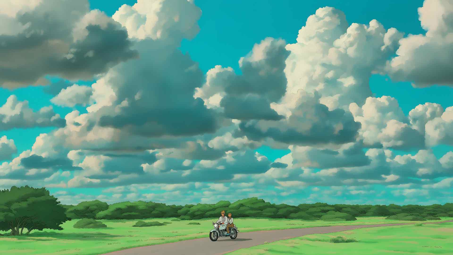 吉卜力工作室风格情侣在摩托车桌面壁纸