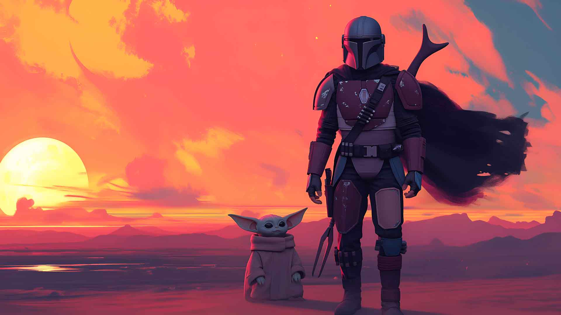 曼达洛人 Grogu 沙漠黄昏桌面壁纸
