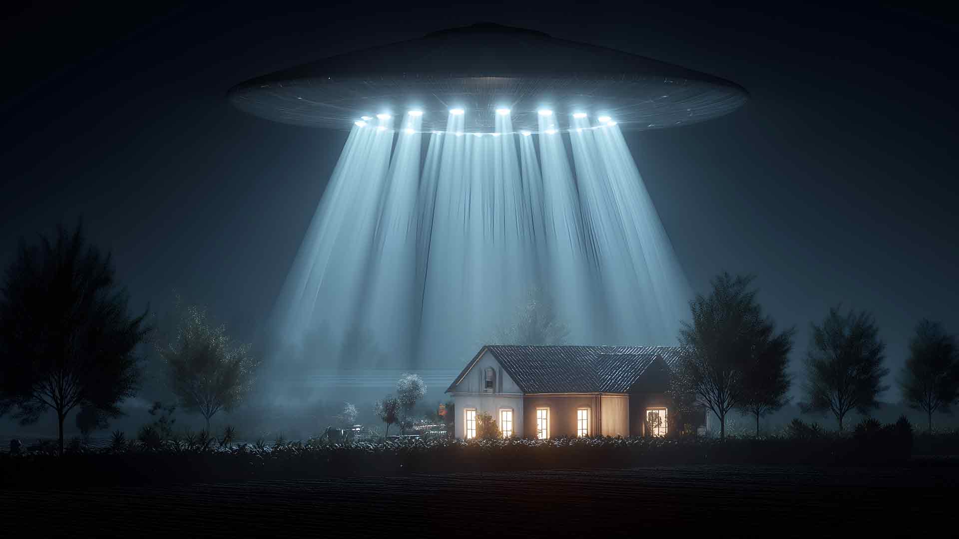 不明飞行物在夜间绑架房屋桌面壁纸