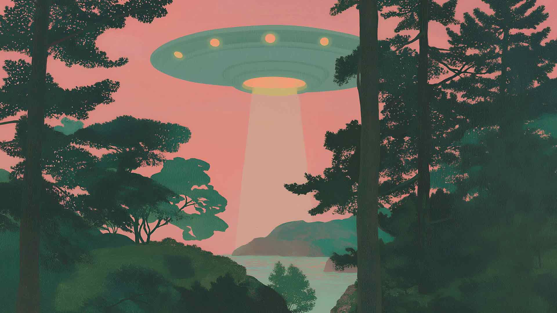 不明飞行物降落在森林桌面壁纸