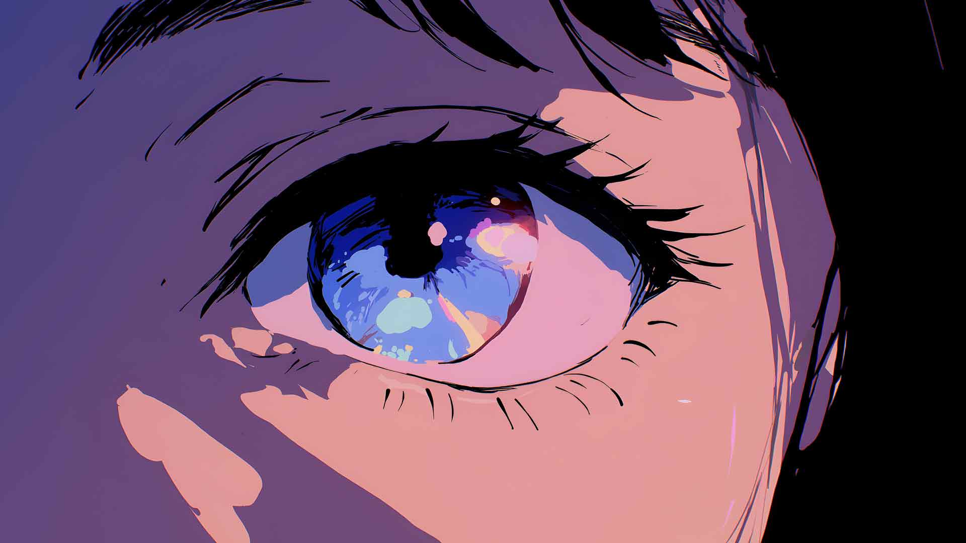 动漫女孩眼睛天空倒影蓝紫色桌面壁纸