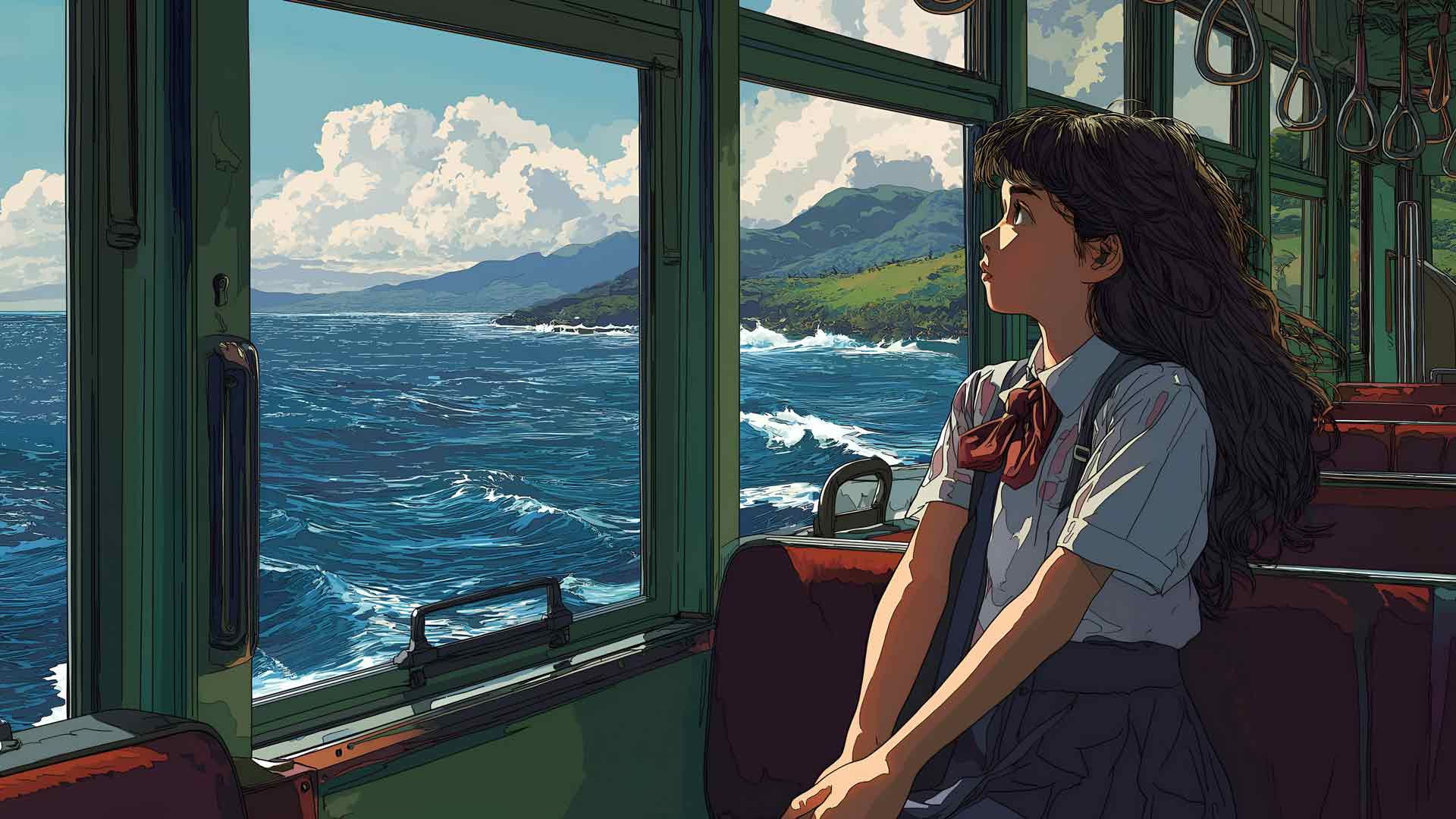 动漫女孩火车之旅海景和海岸线桌面壁纸