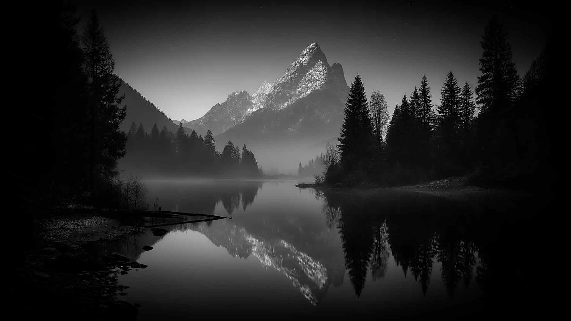 黑白山湖倒影桌面壁纸