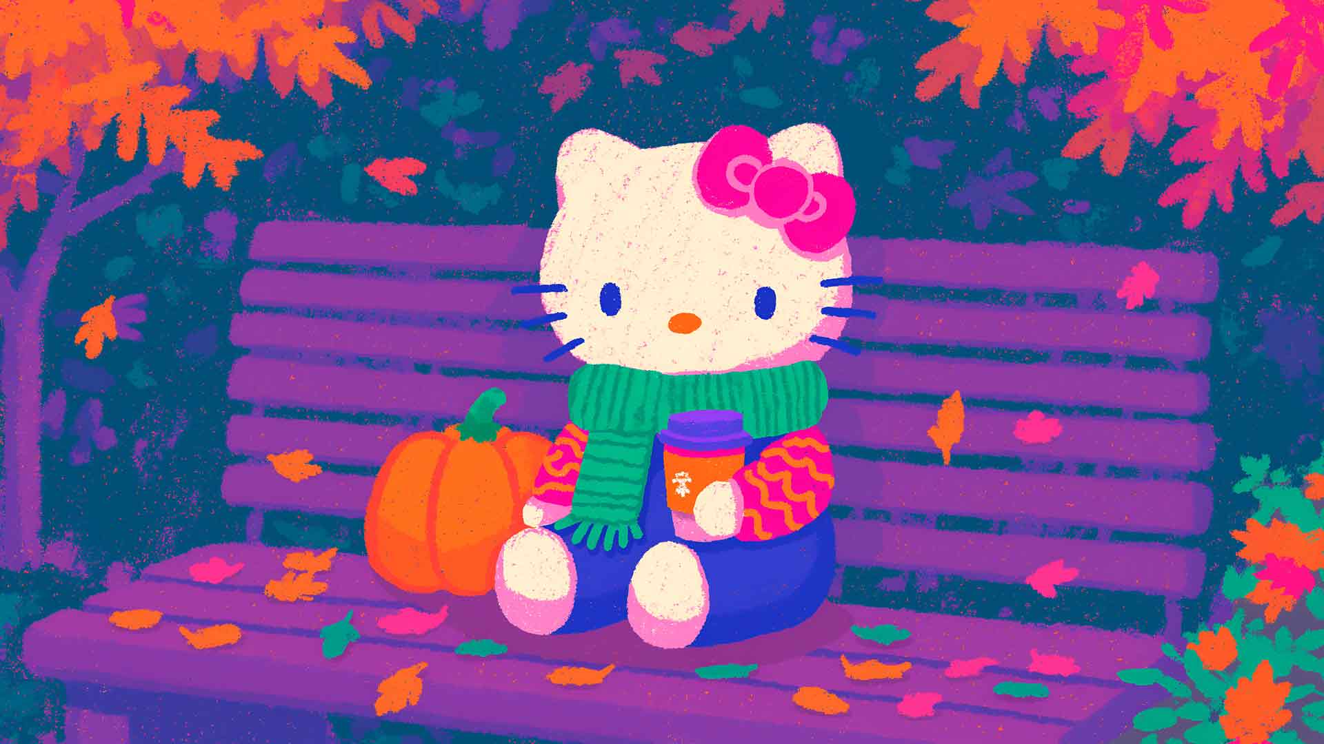 Hello Kitty 舒适的秋季长椅桌面壁纸