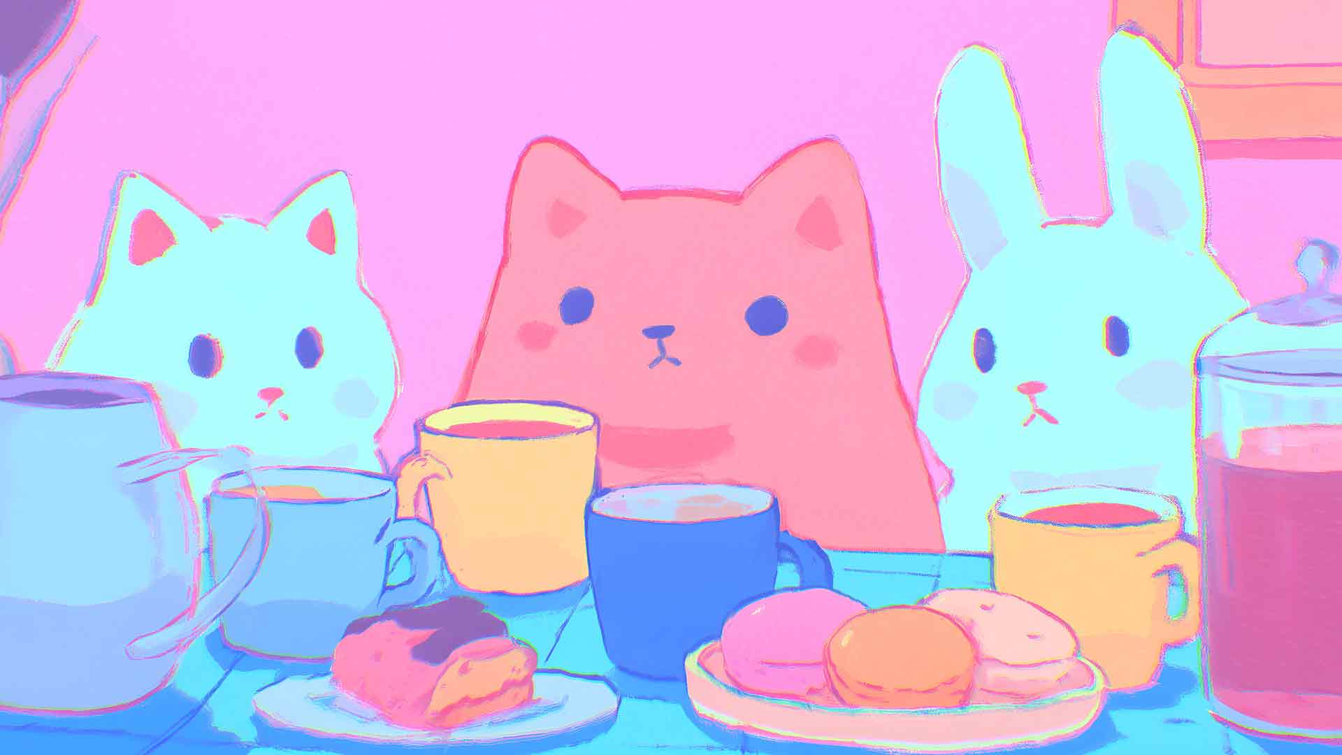 咖啡馆里的可爱动物桌面壁纸