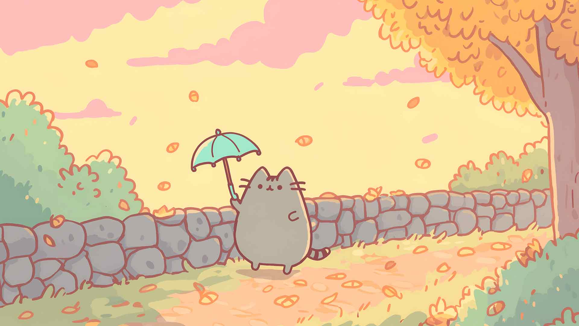 胖吉猫 秋季撑伞漫步桌面壁纸