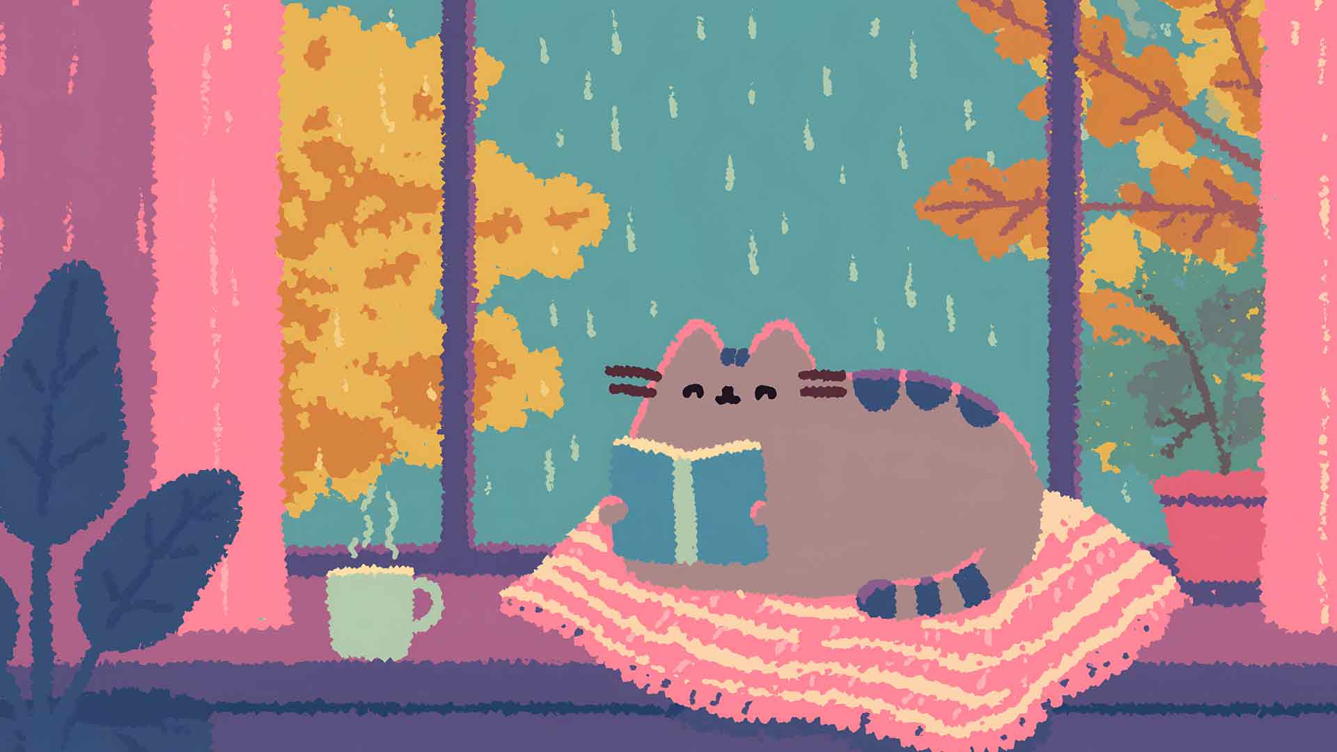 Pusheen 在窗边读书，雨天，温馨的秋日桌面壁纸