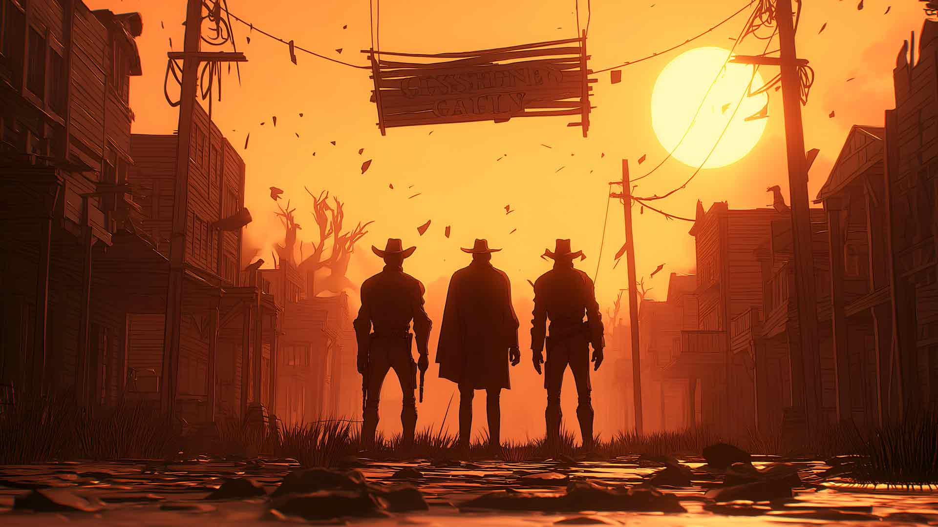 狂野西部日落时的三个牛仔桌面壁纸