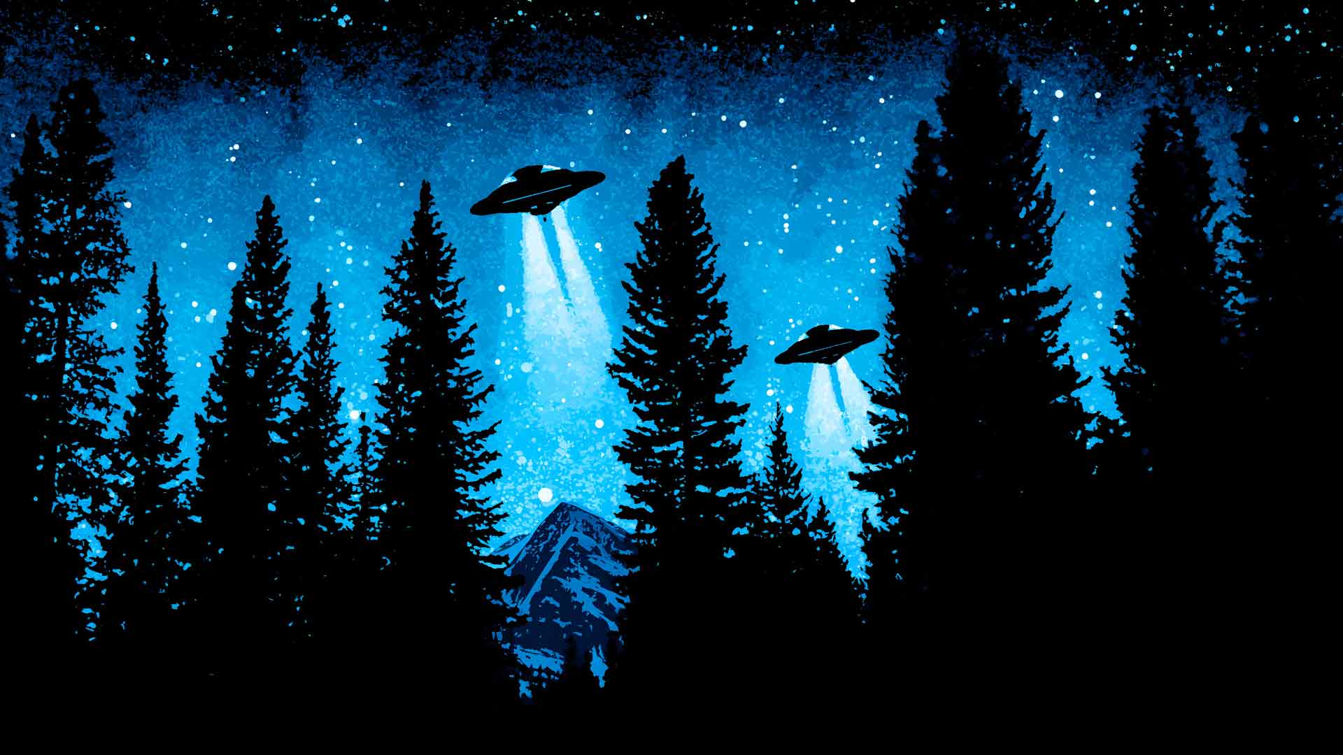 UFO绑架两艘船蓝光松树林桌面壁纸