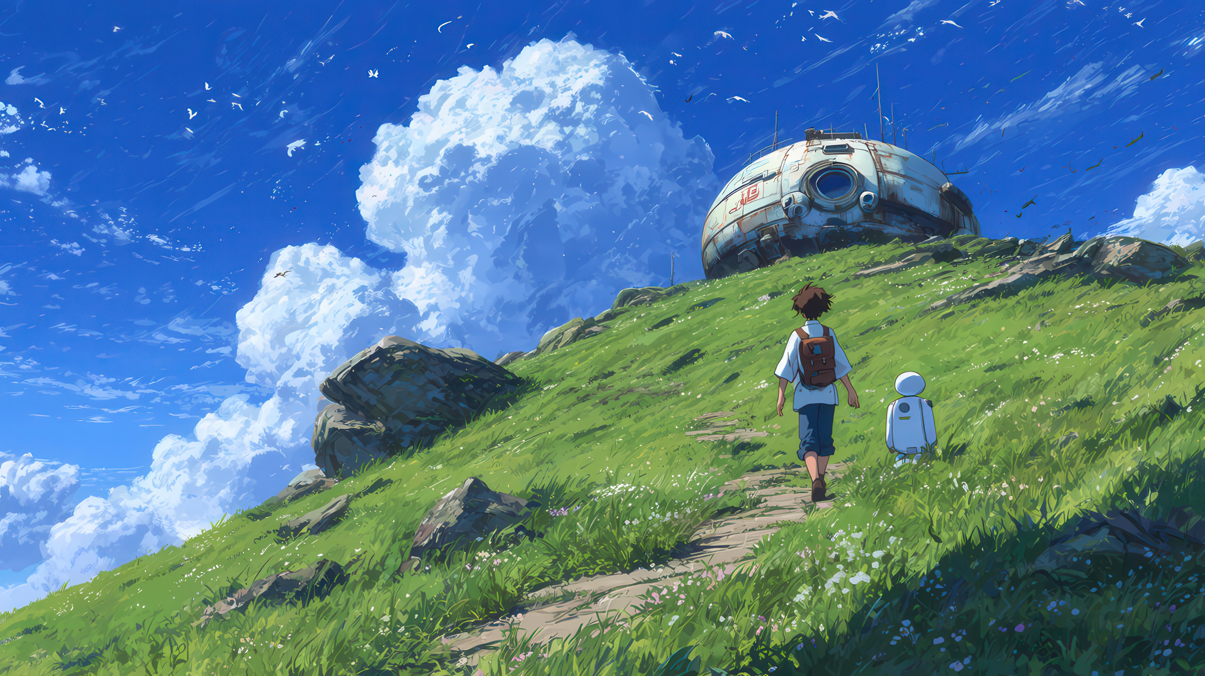 动漫男孩和机器人一起寻找家园