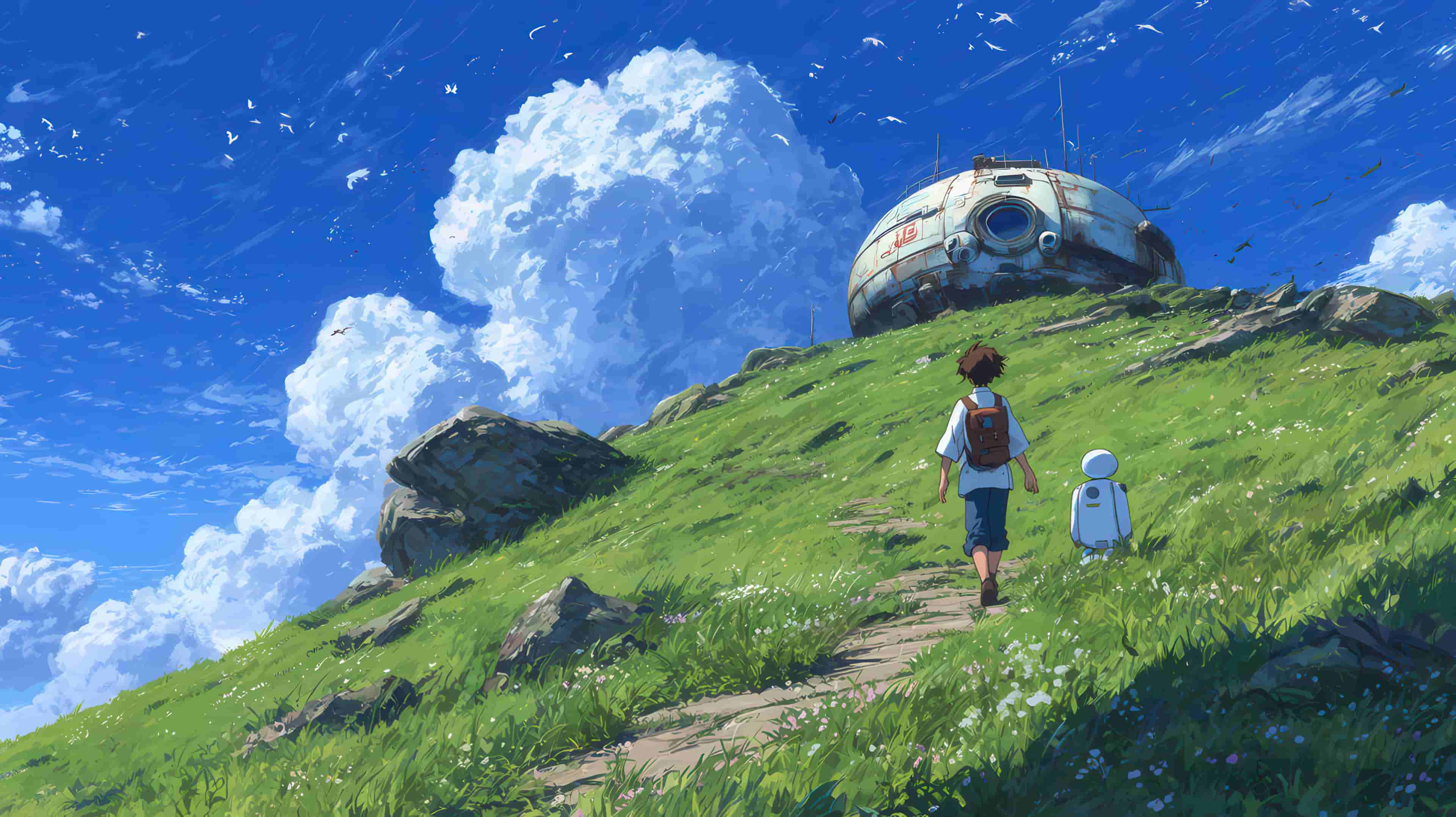 动漫男孩和机器人一起寻找家园