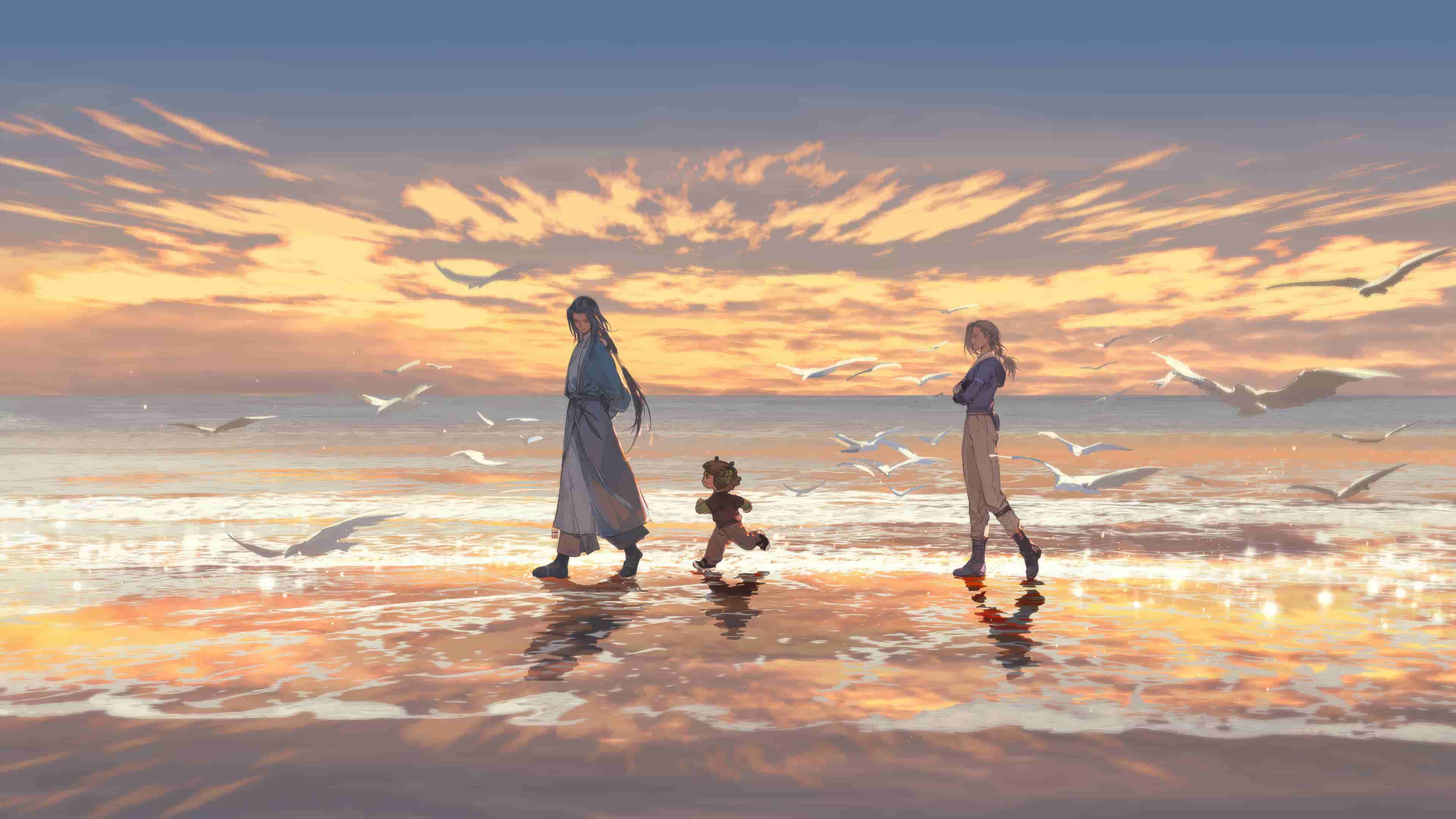 金色日落海滩下享受家庭漫步自愈系壁纸